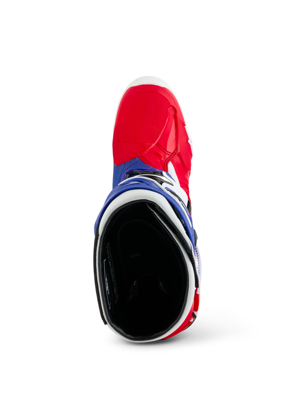 Bottes Alpinestars Limited Edition Fortitude Tech 10, bottes de motocross, rouge éclatant, blanc et bleu, vue de dessus montrant la pointe rouge et le col bleu avec intérieur rembourré noir, équipement de course tout-terrain durable