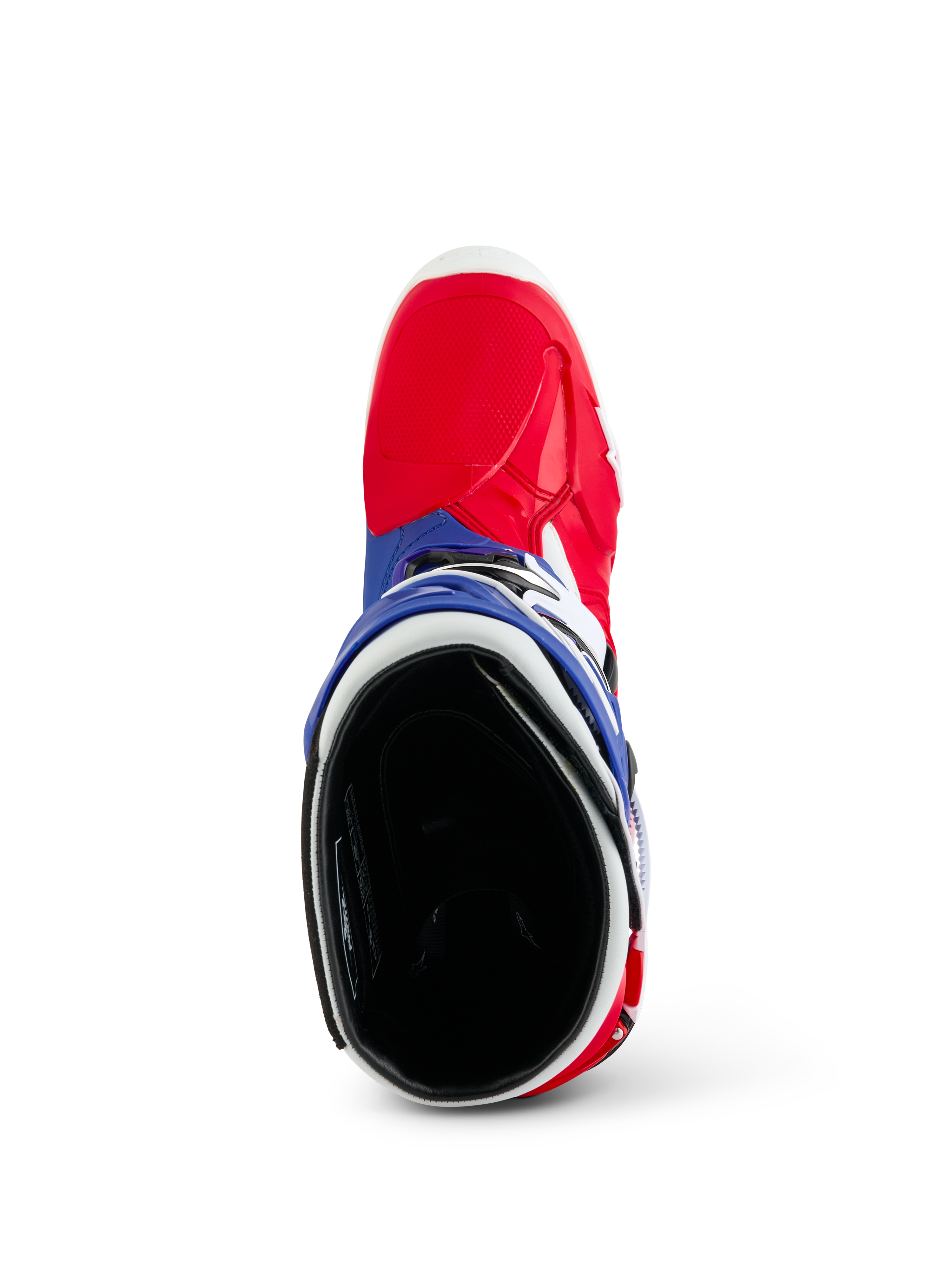 Bottes Alpinestars Limited Edition Fortitude Tech 10, bottes de motocross, rouge éclatant, blanc et bleu, vue de dessus montrant la pointe rouge et le col bleu avec intérieur rembourré noir, équipement de course tout-terrain durable