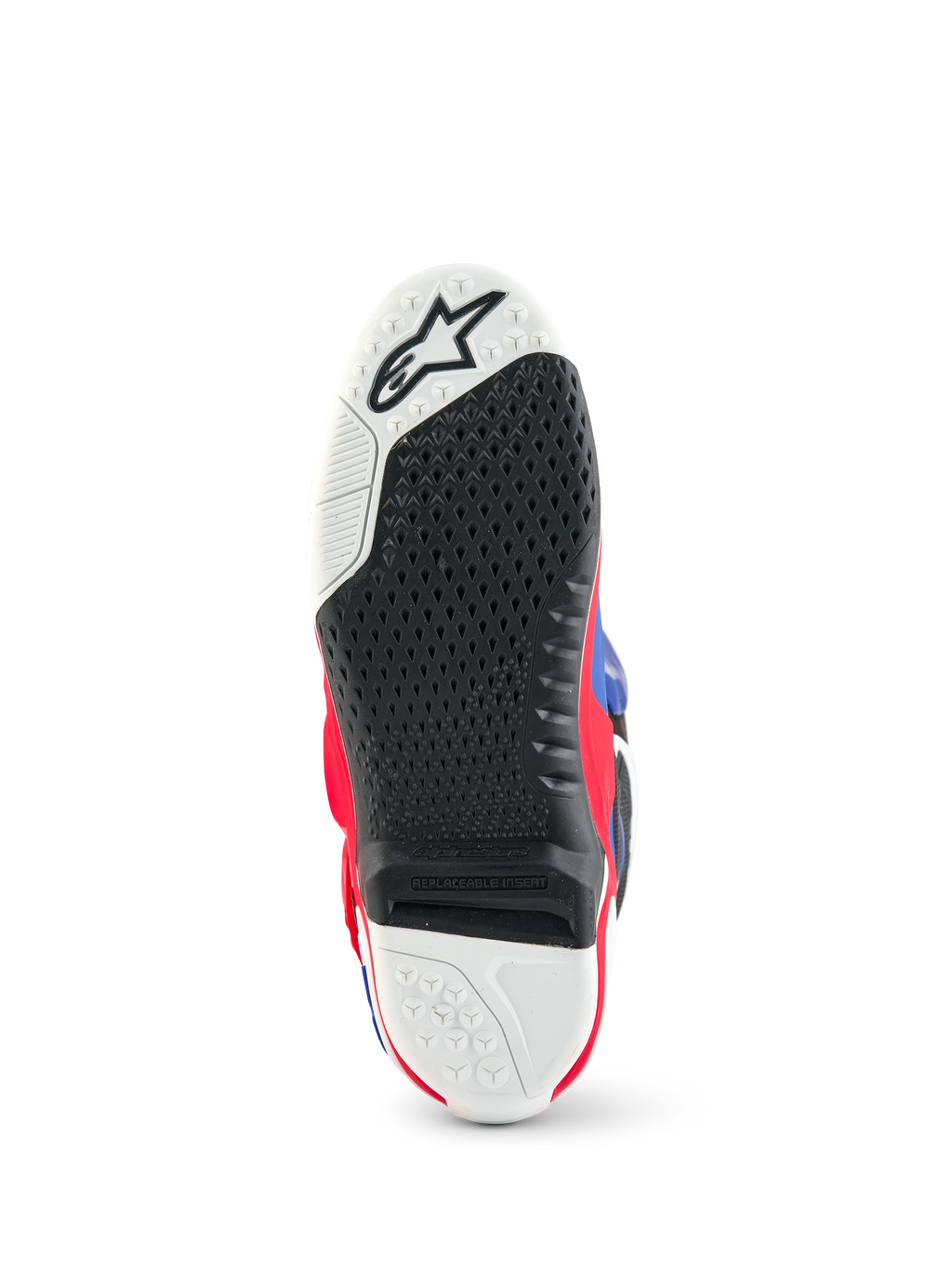 Alpinestars Limited Edition Fortitude Tech 10, vue de la semelle de la botte de motocross, motif d'adhérence texturé noir et blanc, insert central remplaçable, accents rouge, blanc et bleu, construction durable pour des performances tout-terrain