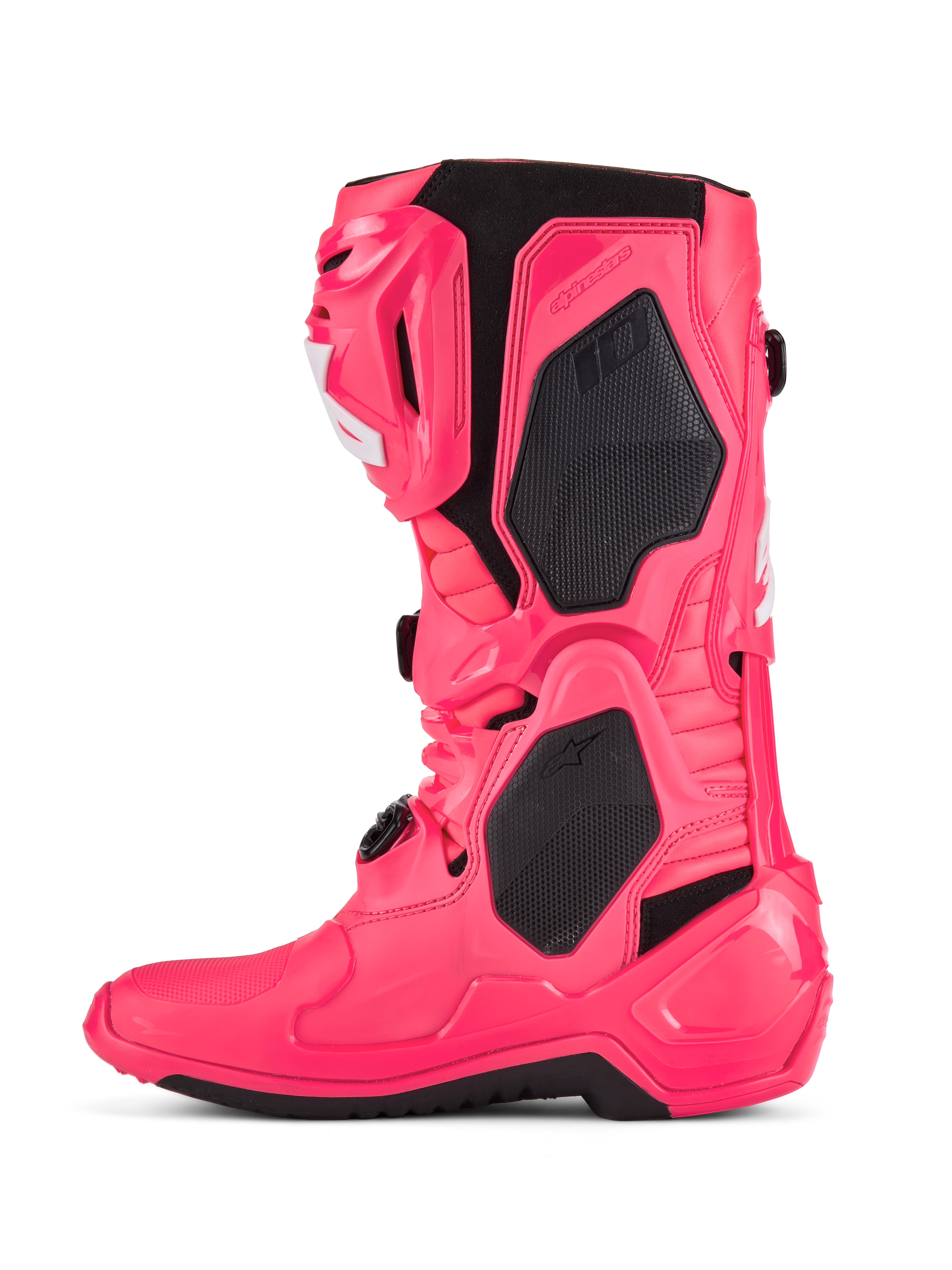 Alpinestars Tech 10 Boots, Motocross Boots, Diva Pink and White, featuring black TPU protection panels, articulated flex frame, and rugged off-road design.