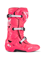 Alpinestars Tech 10 Boots, Motocross Racing Boots, Diva Pink and White, Triple Buckle System, CE Certified Protection, Textured Angular Design with White Star Logos and Black Rugged Sole