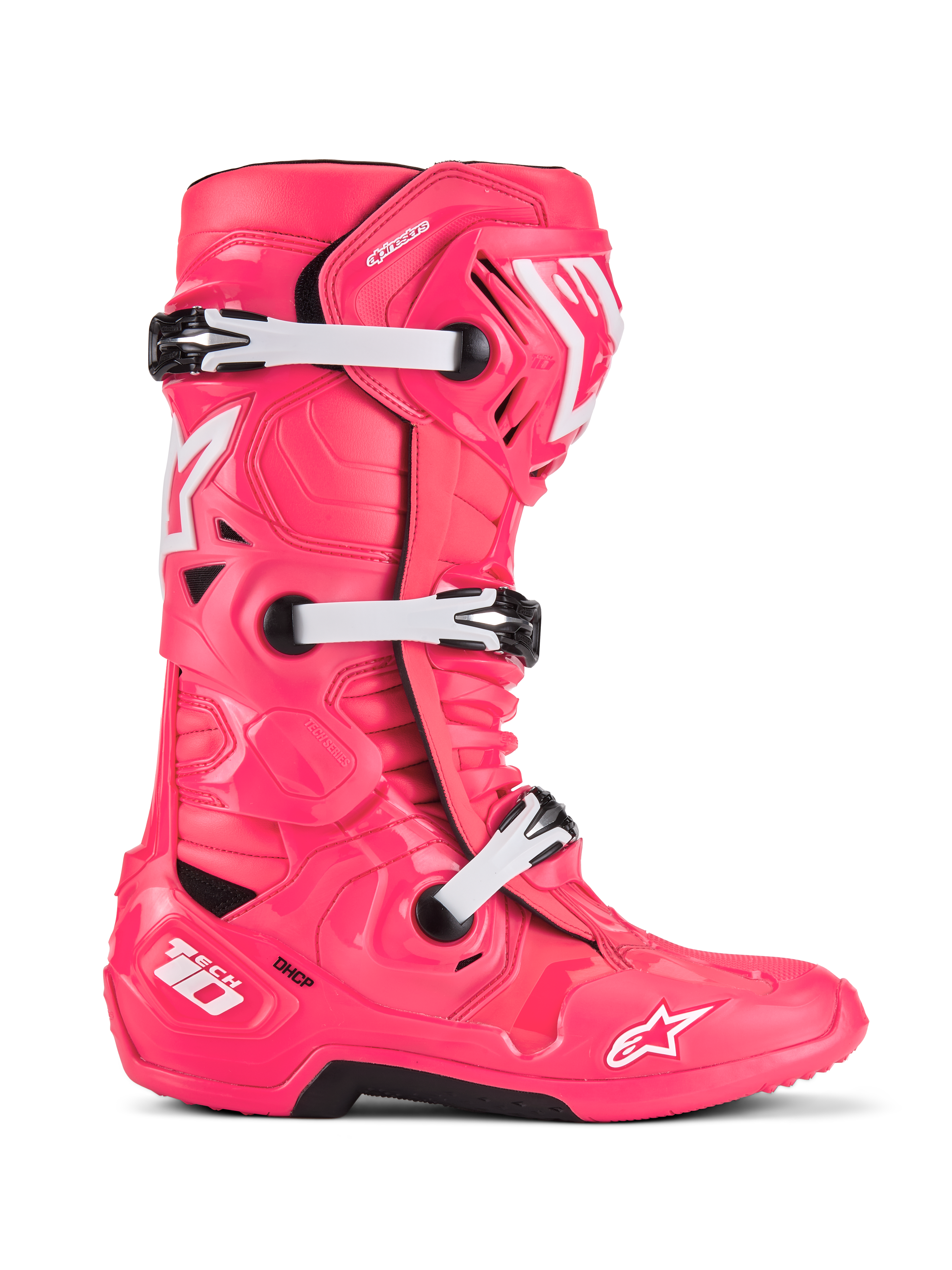 Alpinestars Tech 10 Boots, Motocross Racing Boots, Diva Pink and White, Triple Buckle System, CE Certified Protection, Textured Angular Design with White Star Logos and Black Rugged Sole