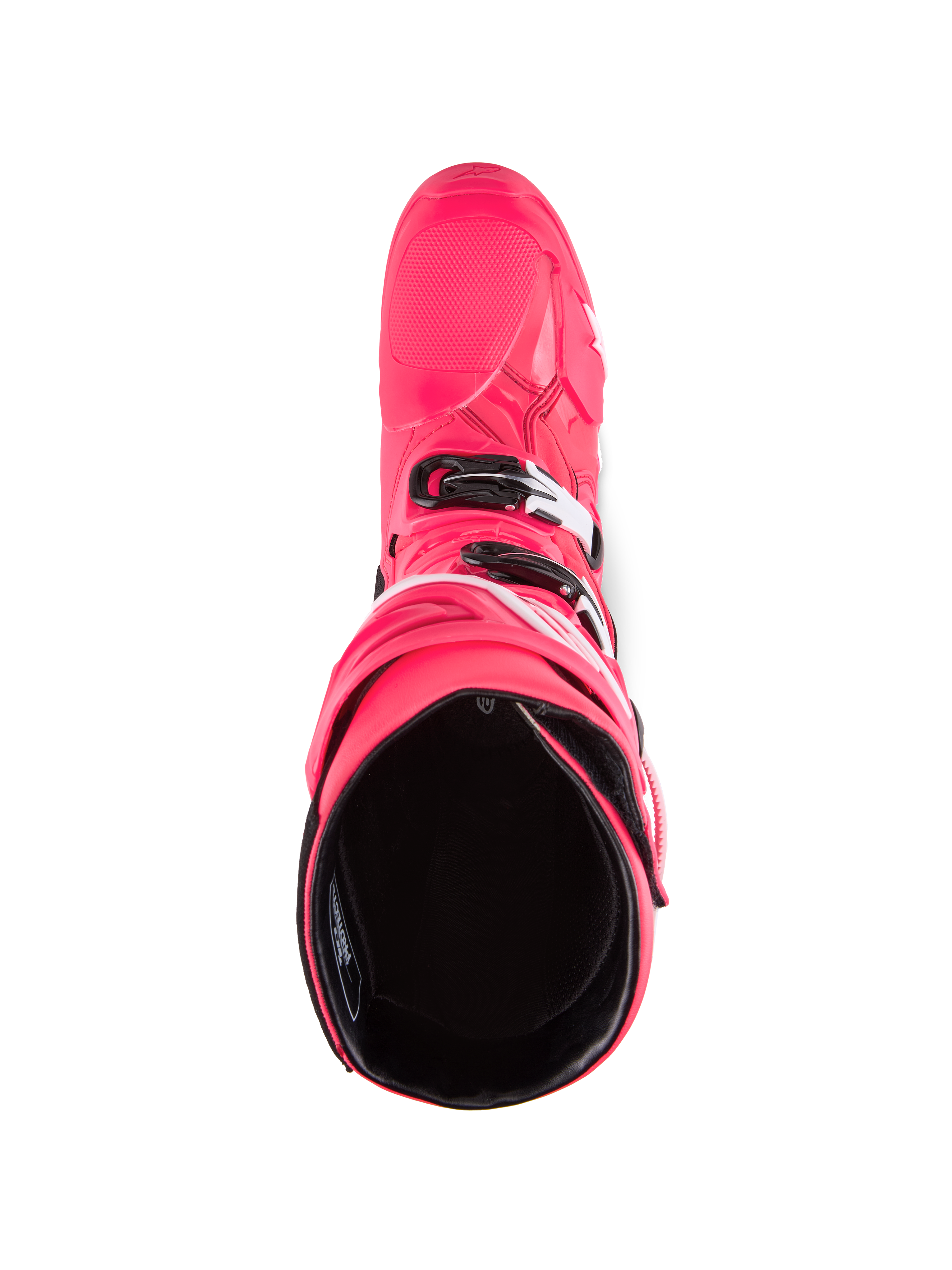 Alpinestars Tech 10 Boots, Motocross Boots, Diva Pink and White, top-down view looking into the black interior lining, pink outer shell with white and black buckle accents, performance off-road footwear