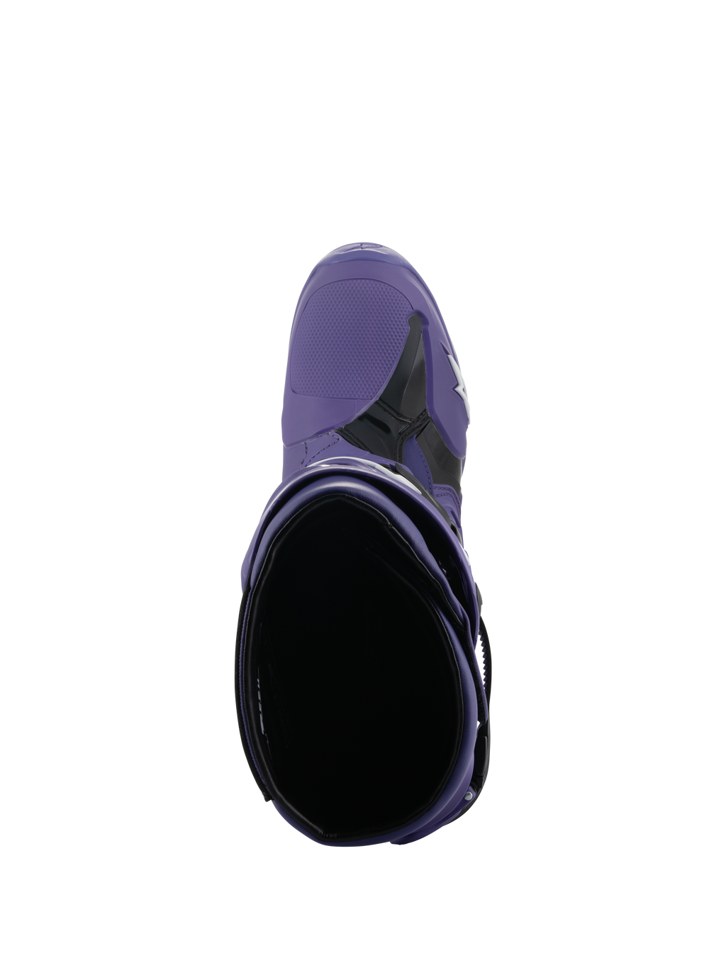 Alpinestars Tech 10 Boots, Motocross Boots, Ultraviolet Black, top-down view looking into the interior opening, purple microfiber and black TPU construction with white logo, professional off-road racing footwear