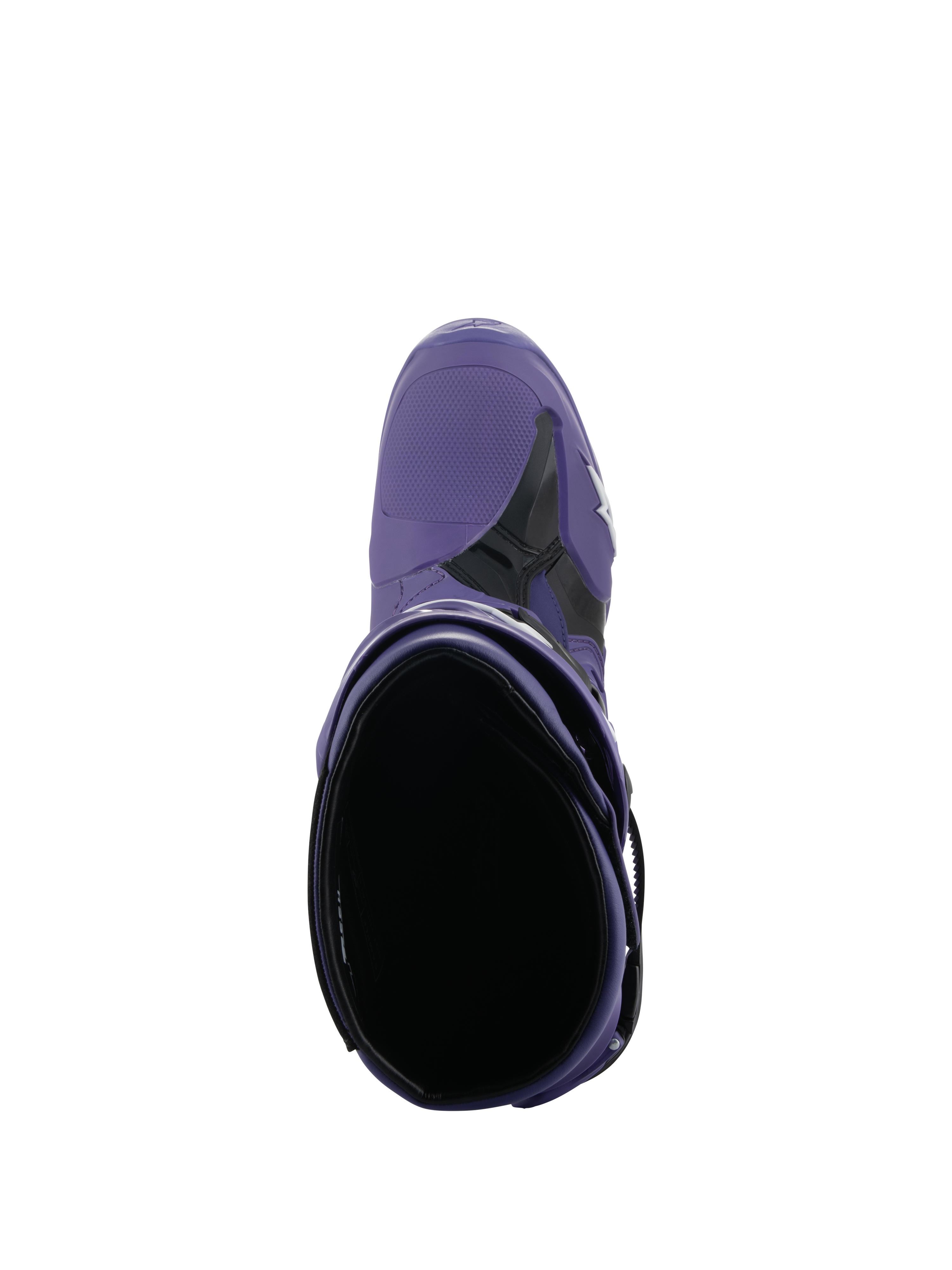 Alpinestars Tech 10 Boots, Motocross Boots, Ultraviolet Black, top-down view looking into the interior opening, purple microfiber and black TPU construction with white logo, professional off-road racing footwear