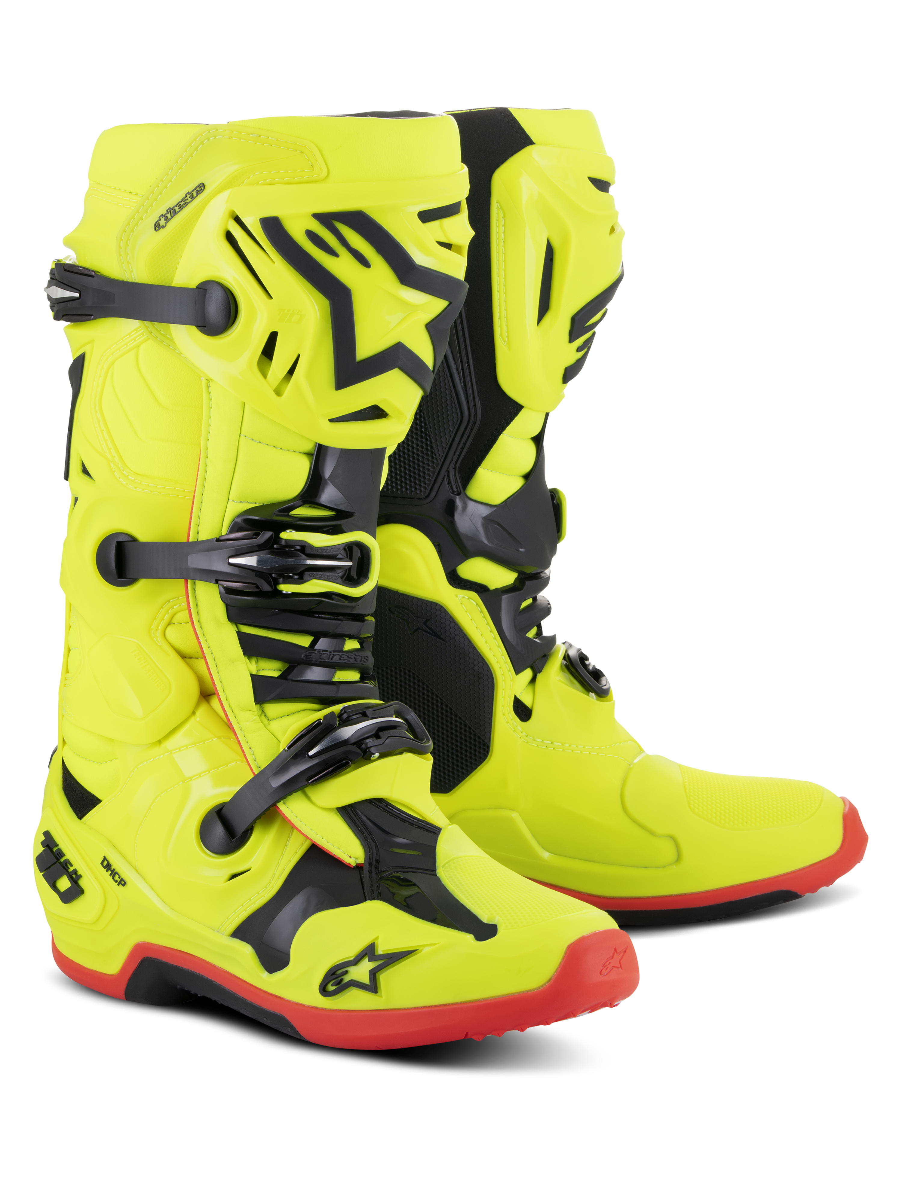 Bottes Alpinestars Tech 10, bottes de motocross, jaune fluo avec accents noirs et rouge fluo, système à trois boucles, coque en TPU avec logo étoile Alpinestars, semelles rouges, équipement de course tout-terrain professionnel