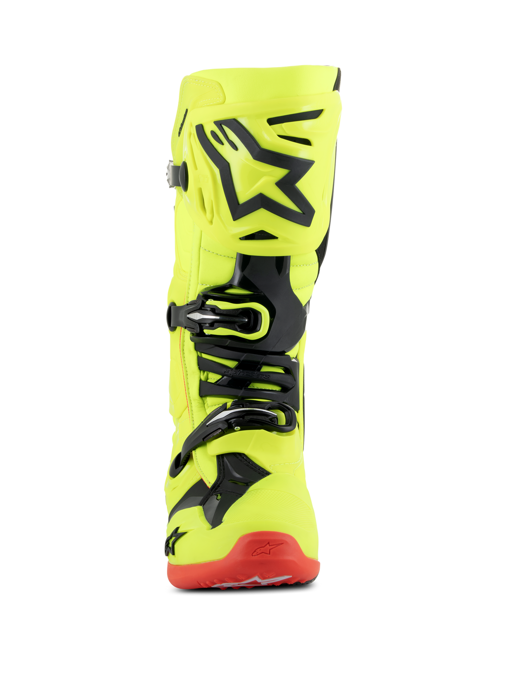 Bottes Alpinestars Tech 10, bottes de motocross, jaune fluo, noir et rouge fluo, vue de face, châssis jaune fluo brillant avec accents en TPU noir et système de boucles, semelle rouge, équipement de course tout-terrain de pointe