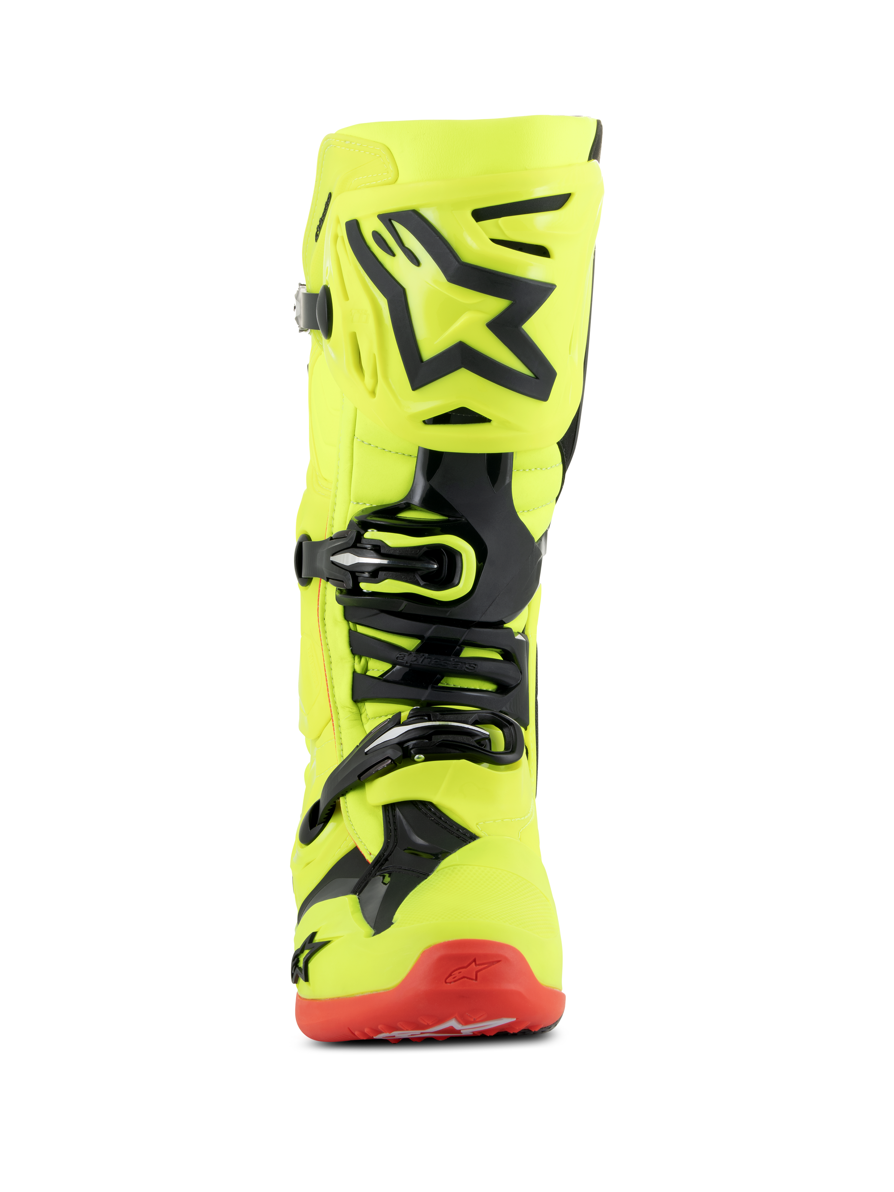 Bottes Alpinestars Tech 10, bottes de motocross, jaune fluo, noir et rouge fluo, vue de face, châssis jaune fluo brillant avec accents en TPU noir et système de boucles, semelle rouge, équipement de course tout-terrain de pointe
