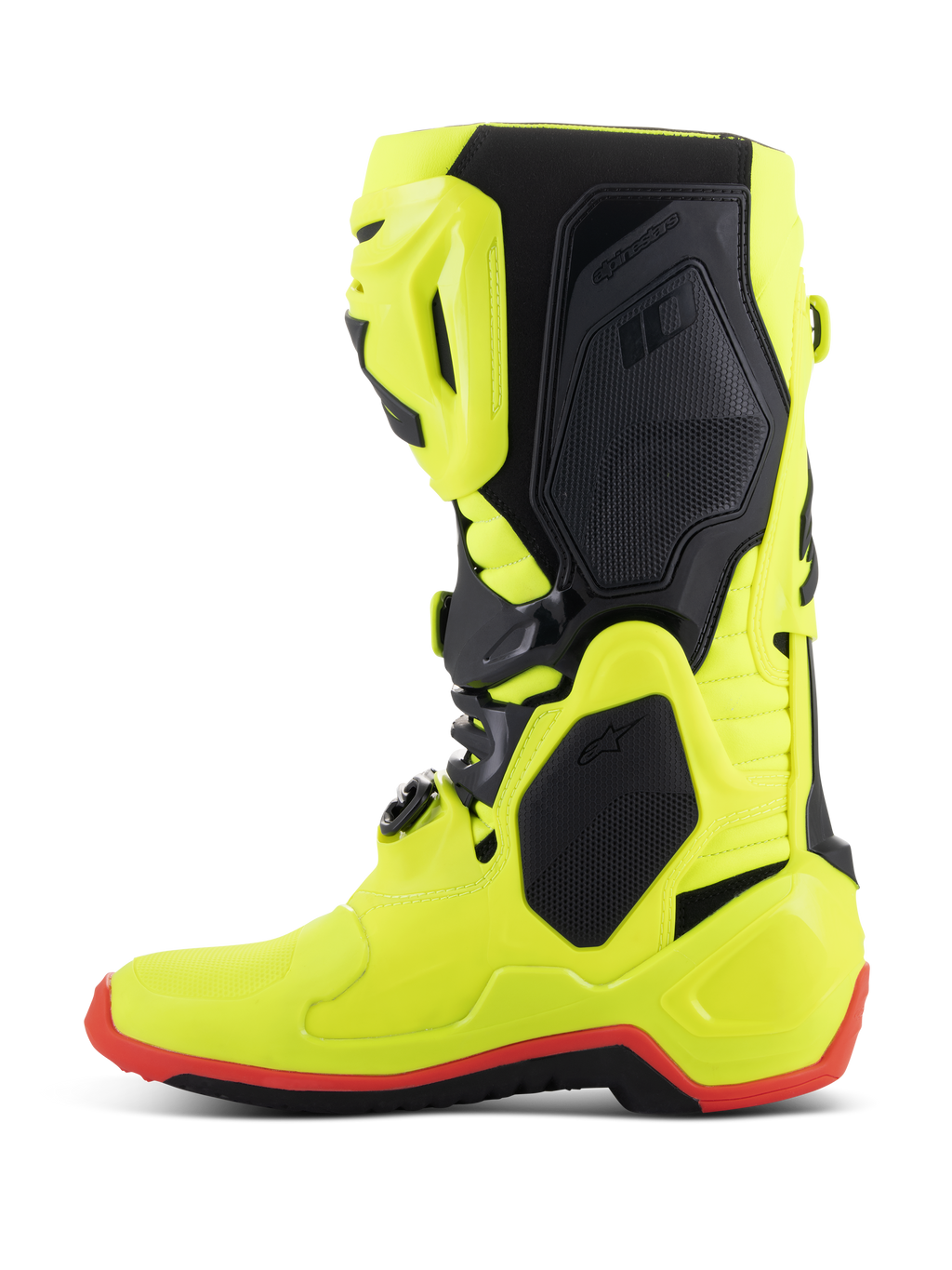 Bottes Alpinestars Tech 10, bottes de motocross, jaune fluo, noir et rouge fluo, vue de profil, structure jaune fluo éclatant avec panneaux de protection noirs et détails de semelle rouge fluo, équipement haute performance pour le tout-terrain