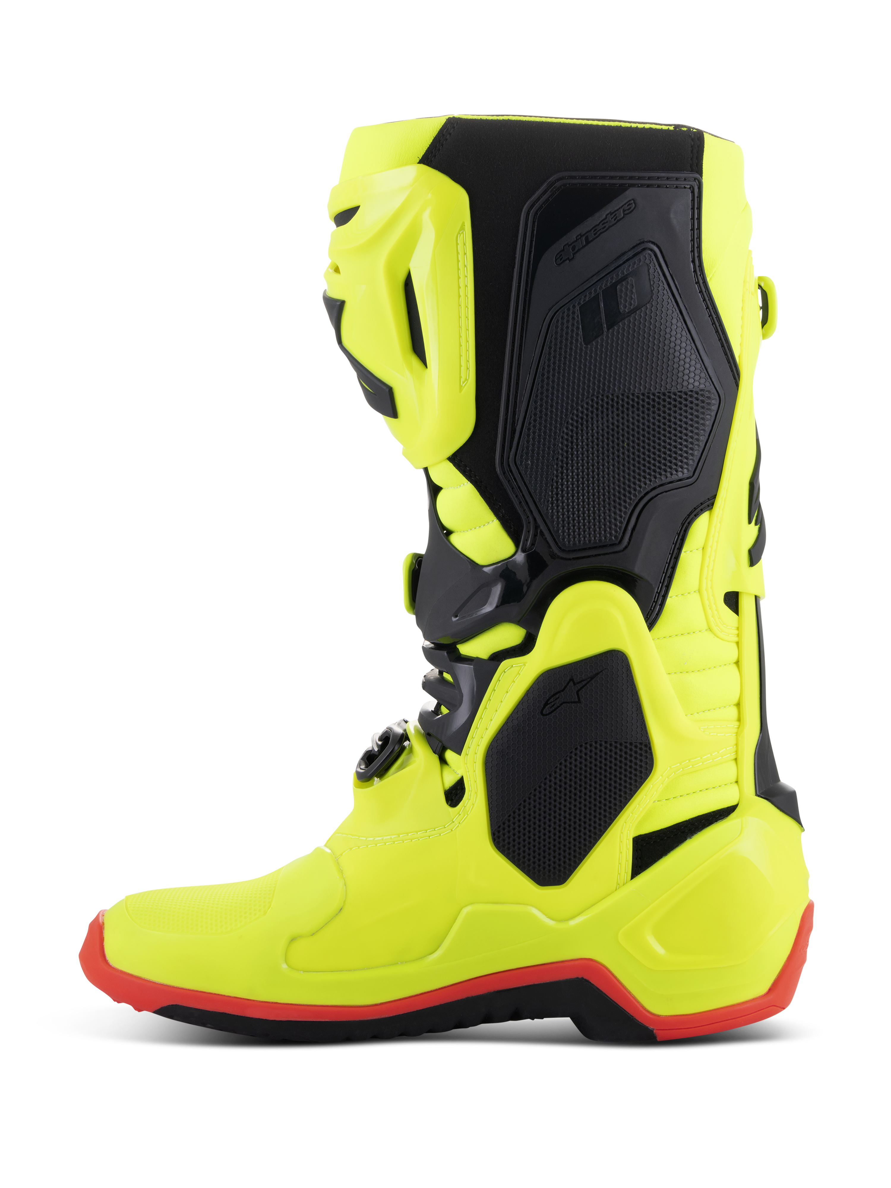 Bottes Alpinestars Tech 10, bottes de motocross, jaune fluo, noir et rouge fluo, vue de profil, structure jaune fluo éclatant avec panneaux de protection noirs et détails de semelle rouge fluo, équipement haute performance pour le tout-terrain