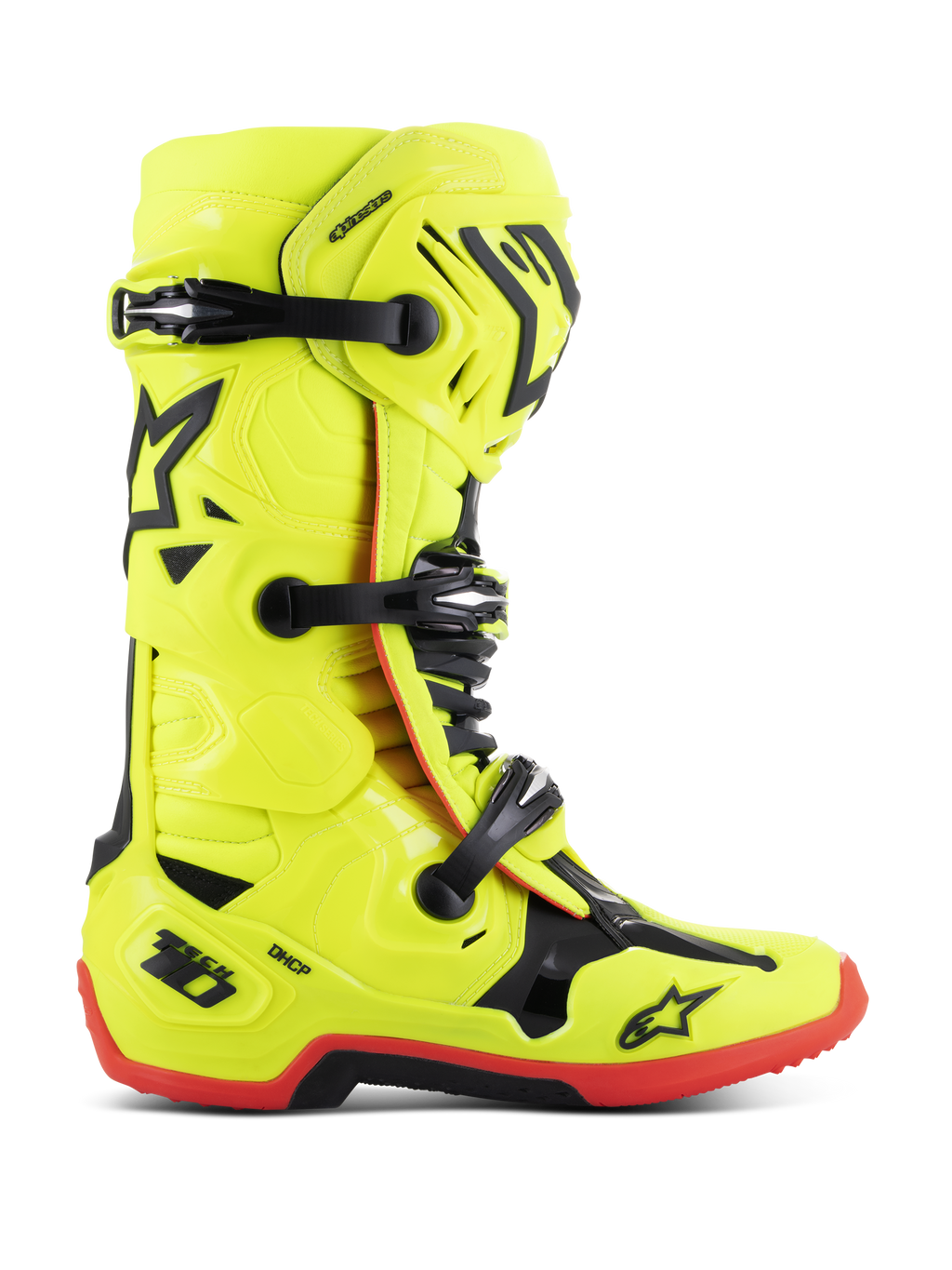Bottes Alpinestars Tech 10, bottes de motocross, jaune fluo avec des accents noirs et rouges, vue de profil avec fermeture à trois boucles, plaque de tibia renforcée, semelle rouge à haute adhérence et protection de talon DHCP, équipement professionnel de moto tout-terrain