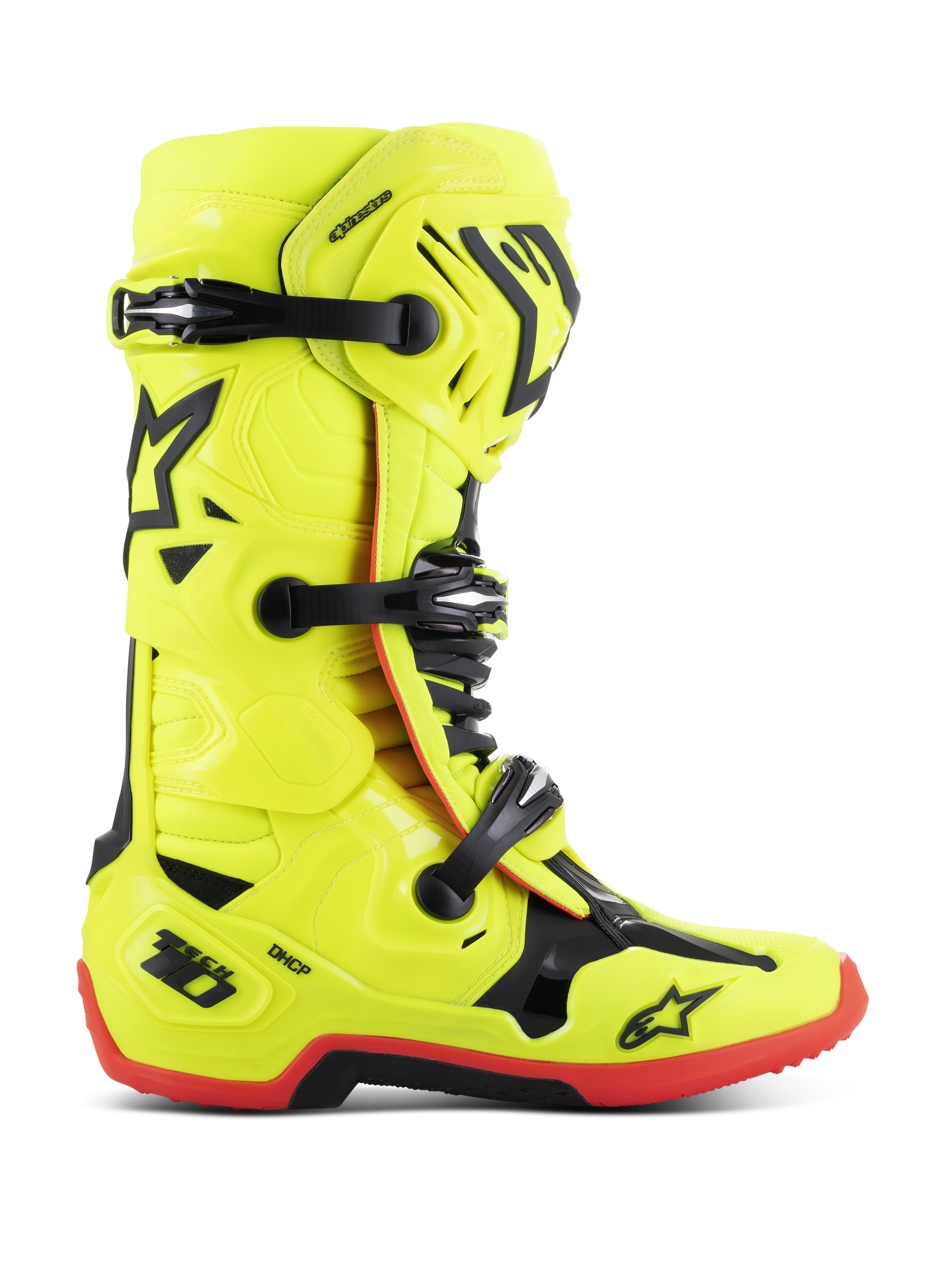 Bottes Alpinestars Tech 10, bottes de motocross, jaune fluo avec des accents noirs et rouges, vue de profil avec fermeture à trois boucles, plaque de tibia renforcée, semelle rouge à haute adhérence et protection de talon DHCP, équipement professionnel de moto tout-terrain