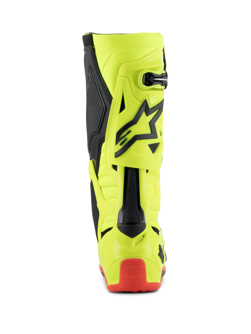 Bottes Alpinestars Tech 10, bottes de motocross, jaune fluo noir rouge fluo, vue arrière montrant le châssis jaune fluorescent avec des accents noirs et une protection de talon rouge, chaussures de course tout-terrain professionnelles
