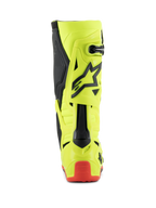 Bottes Alpinestars Tech 10, bottes de motocross, jaune fluo noir rouge fluo, vue arrière montrant le châssis jaune fluorescent avec des accents noirs et une protection de talon rouge, chaussures de course tout-terrain professionnelles