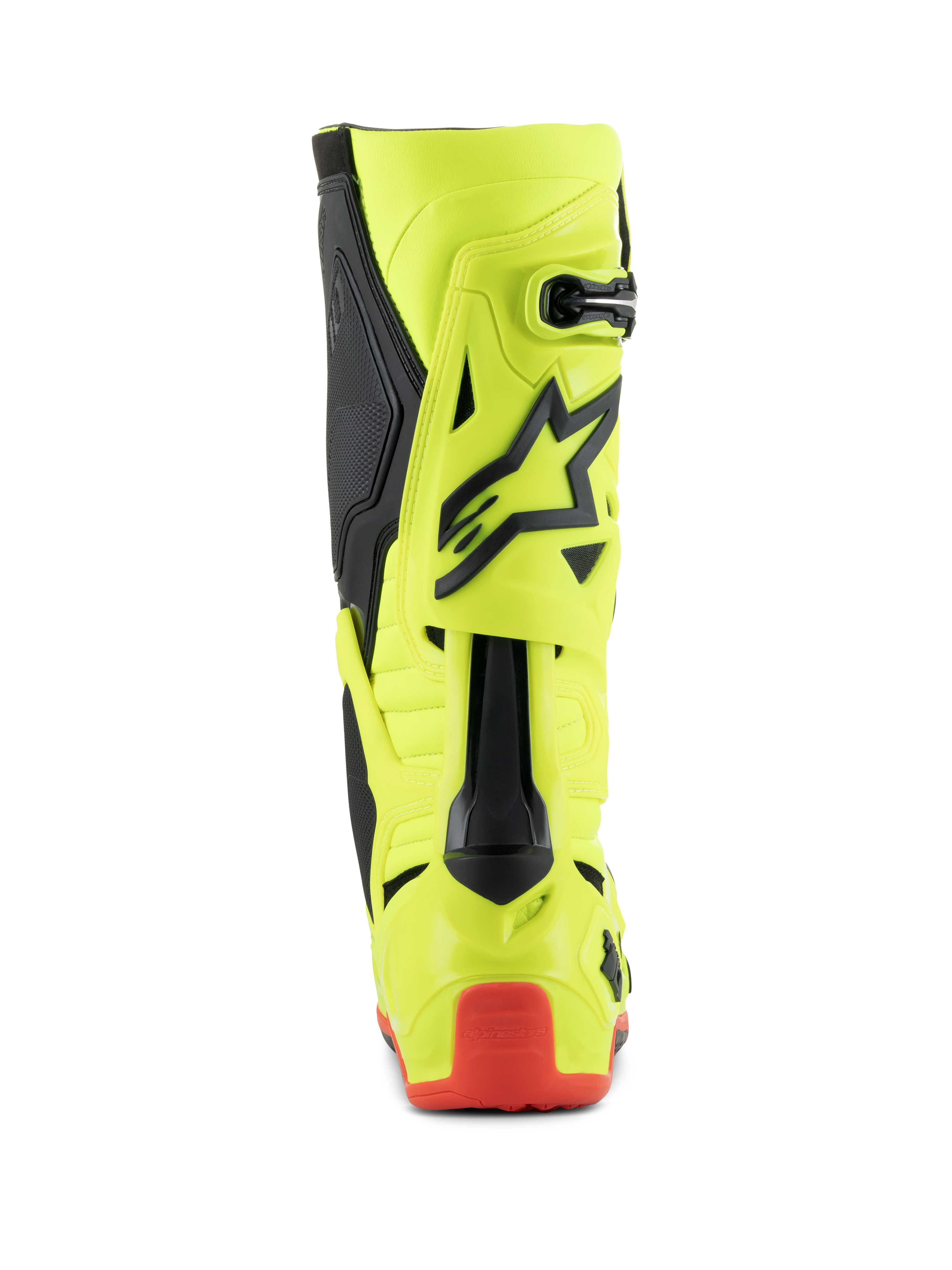 Bottes Alpinestars Tech 10, bottes de motocross, jaune fluo noir rouge fluo, vue arrière montrant le châssis jaune fluorescent avec des accents noirs et une protection de talon rouge, chaussures de course tout-terrain professionnelles