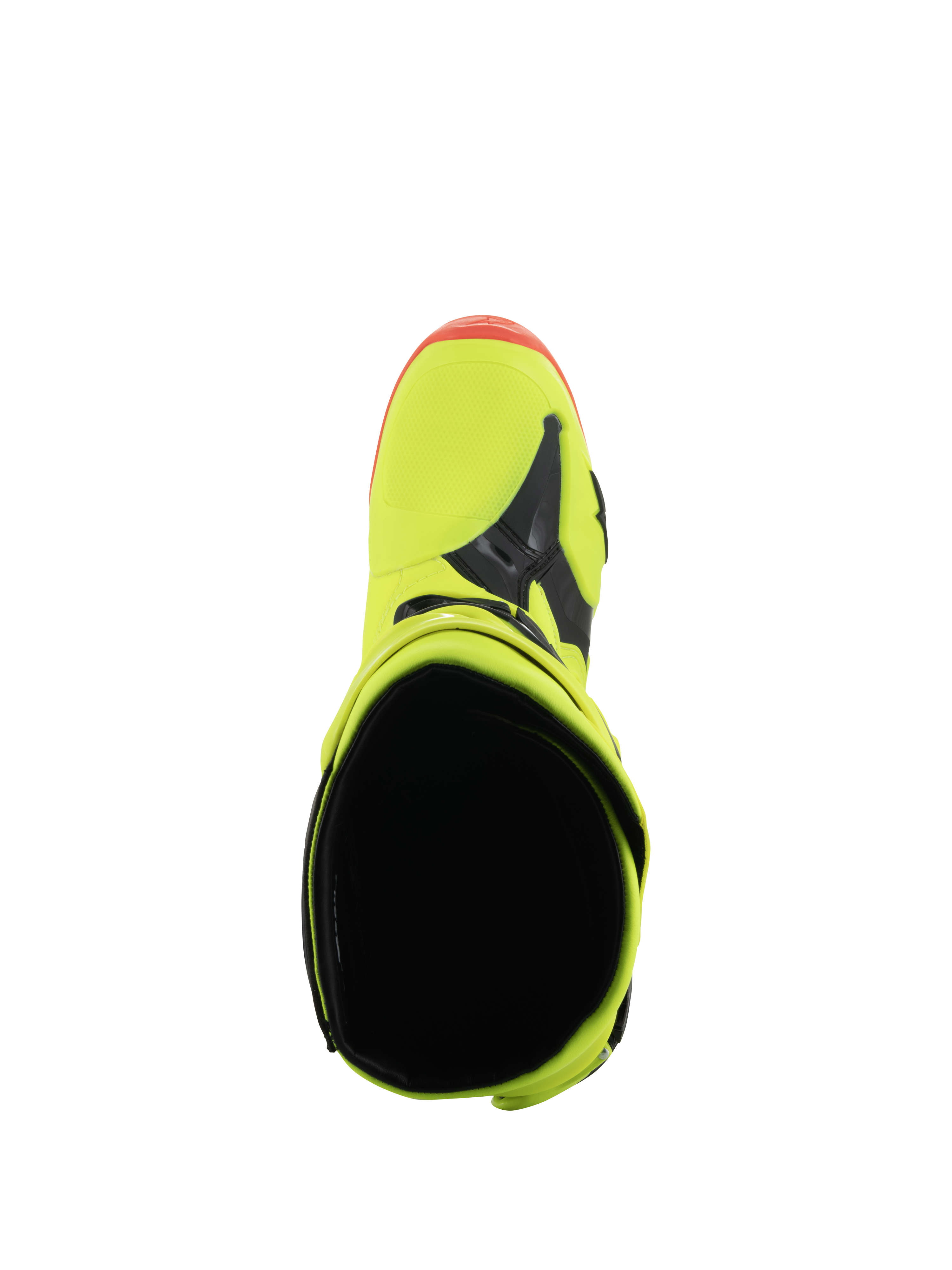 Bottes Alpinestars Tech 10, bottes de motocross, jaune fluo, noir et rouge fluo, vue de dessus montrant l'ouverture intérieure et la zone des orteils, couleurs fluo éclatantes avec des accents noirs, chaussures de course tout-terrain professionnelles.