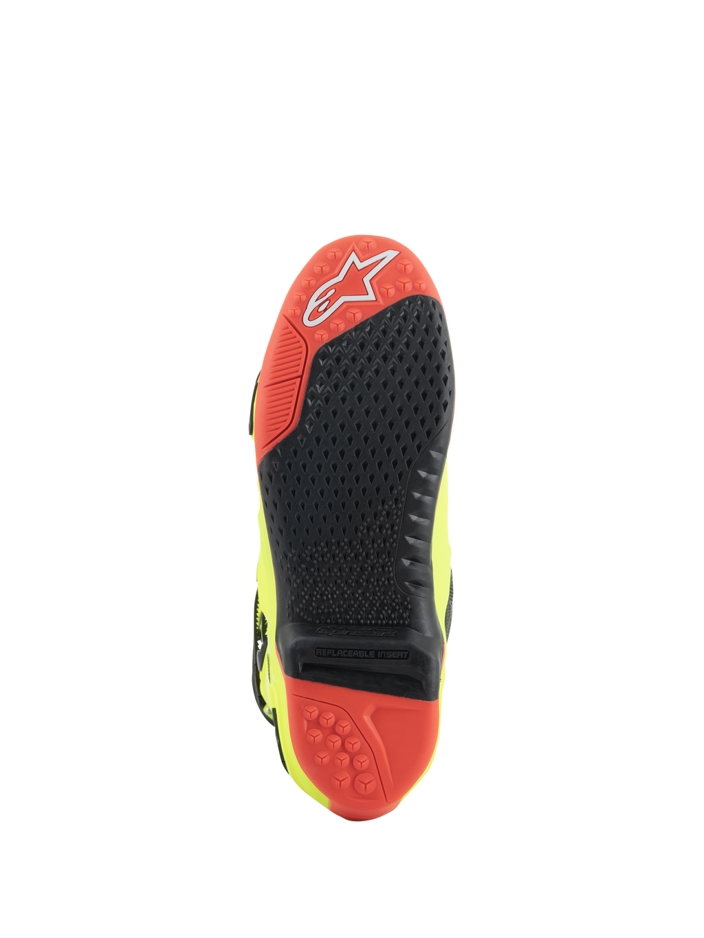 Bottes Alpinestars Tech 10, bottes de motocross, jaune fluo, noir et rouge fluo, vue de la semelle en matériau bi-composant rouge et noir, insert central remplaçable et crampons de traction pour une performance tout-terrain