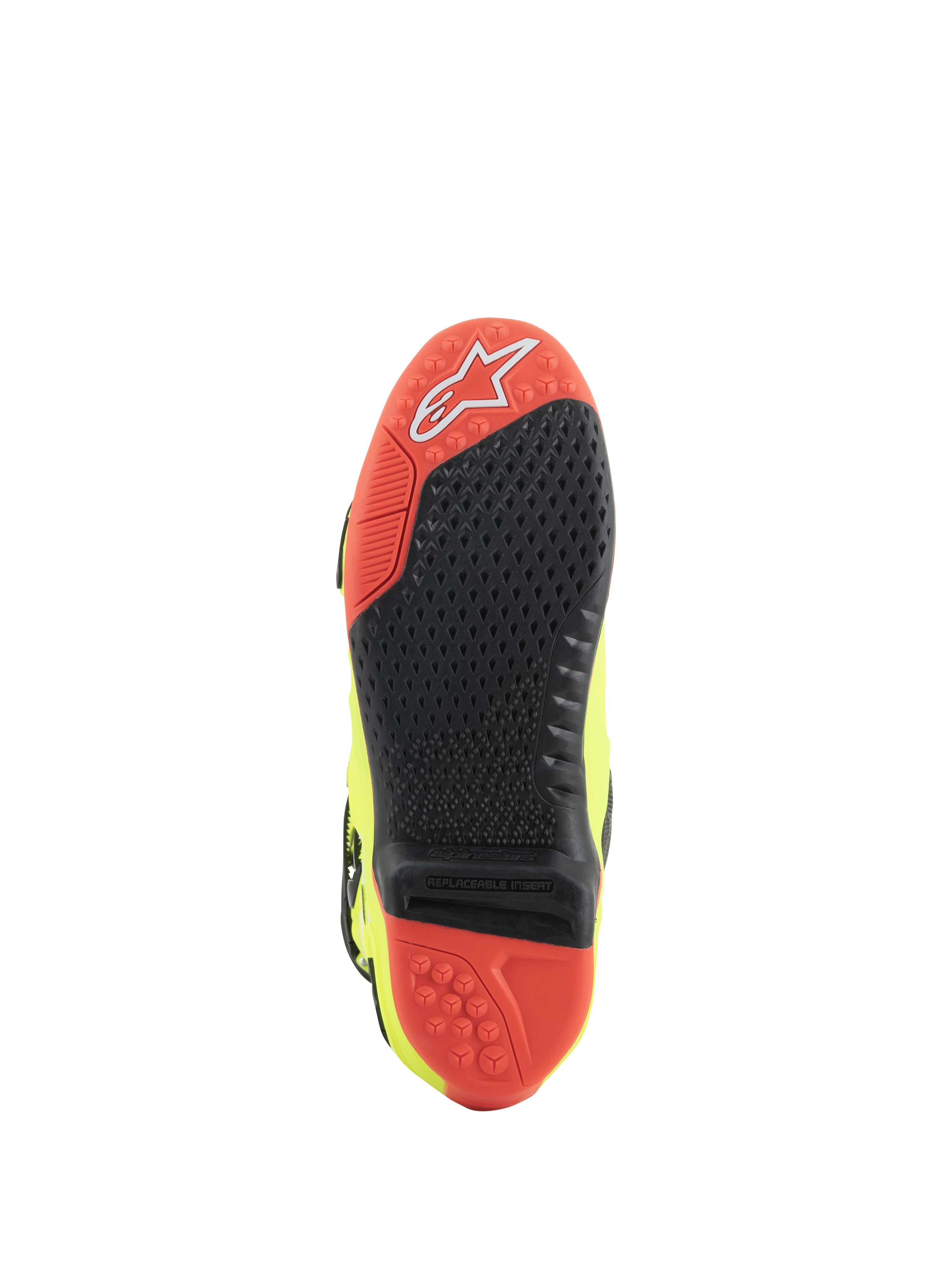 Bottes Alpinestars Tech 10, bottes de motocross, jaune fluo, noir et rouge fluo, vue de la semelle en matériau bi-composant rouge et noir, insert central remplaçable et crampons de traction pour une performance tout-terrain