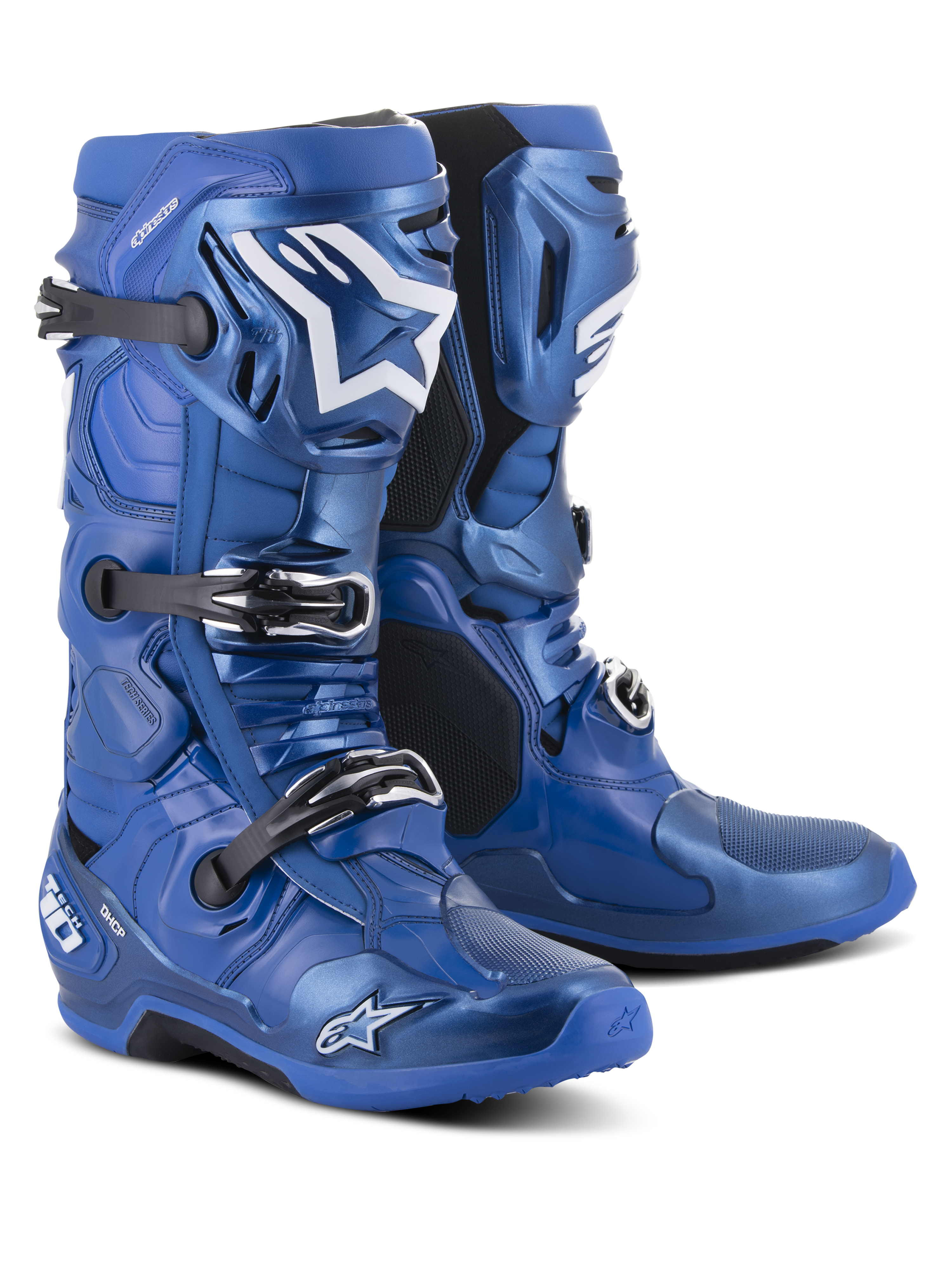 Alpinestars Tech 10 Boots, Motocross Boots, Blue and Black, featuring a triple buckle closure system, white Alpinestars star logo on the shin, rugged TPU shell and reinforced sole for off-road performance