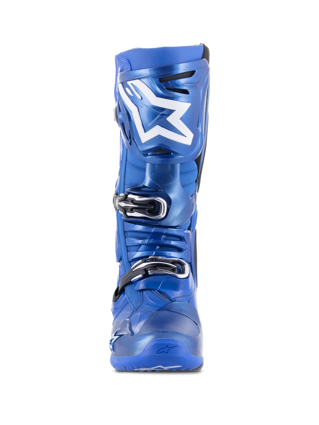 Alpinestars Tech 10 Motocross Boots, Blue and Black, front view, featuring white Astars logo on the shin plate, black and silver triple buckle closure system, durable TPU shell construction for off-road performance