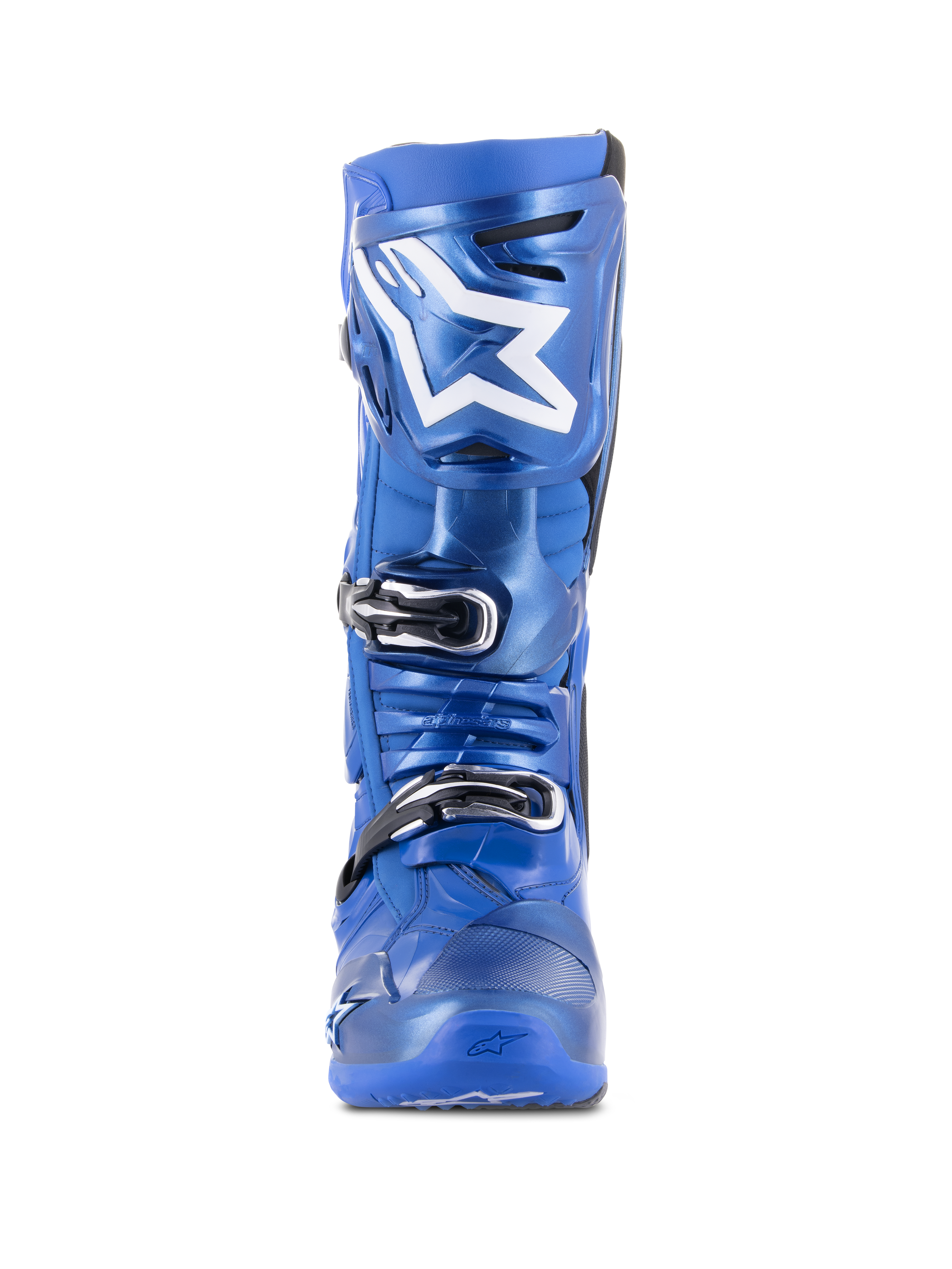 Alpinestars Tech 10 Motocross Boots, Blue and Black, front view, featuring white Astars logo on the shin plate, black and silver triple buckle closure system, durable TPU shell construction for off-road performance