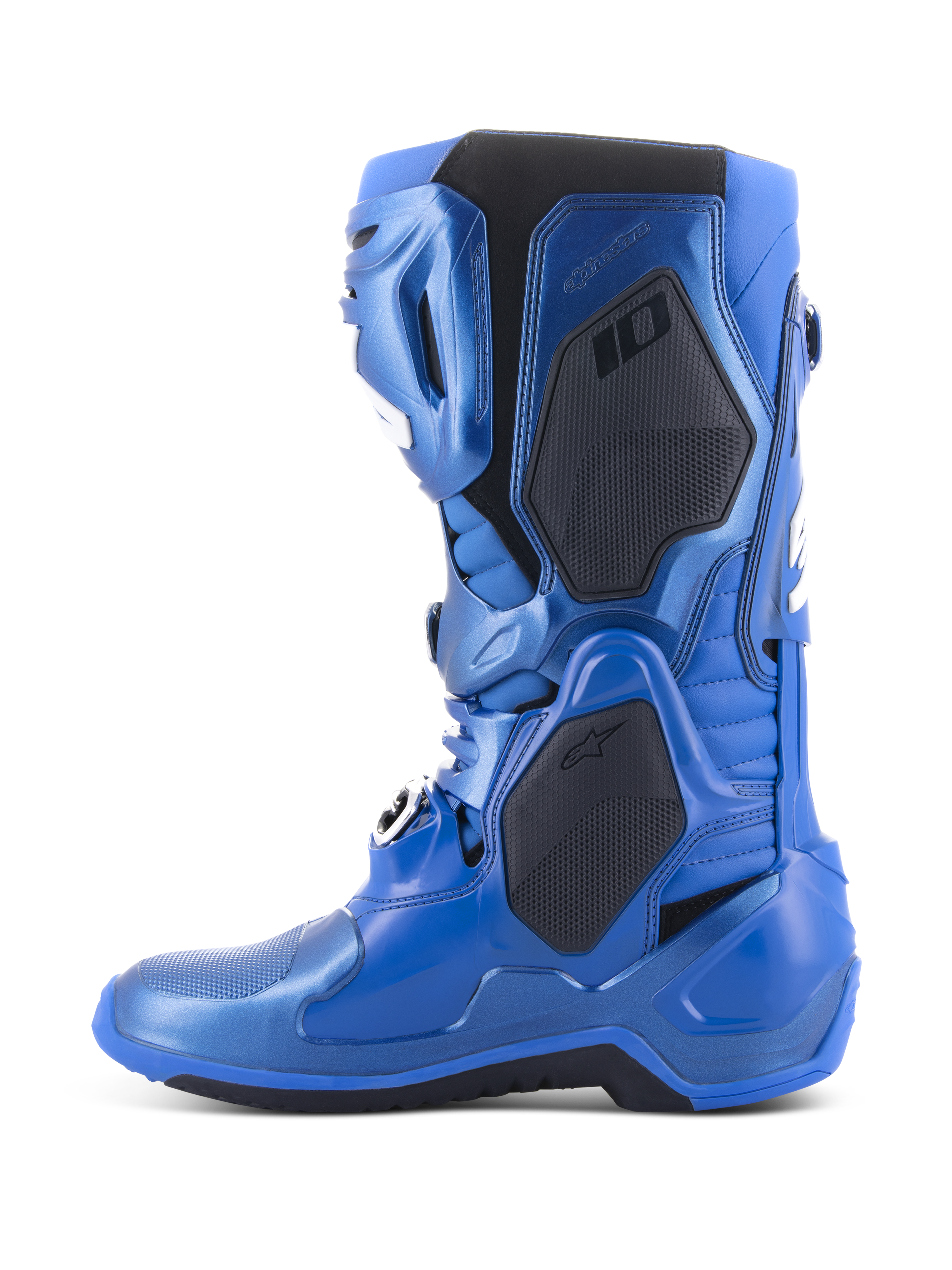 Alpinestars Tech 10 Boots, Motocross Boots, Metallic Blue and Black, side profile view showing black protective panels and metallic blue finish, advanced technical design for professional motocross racing