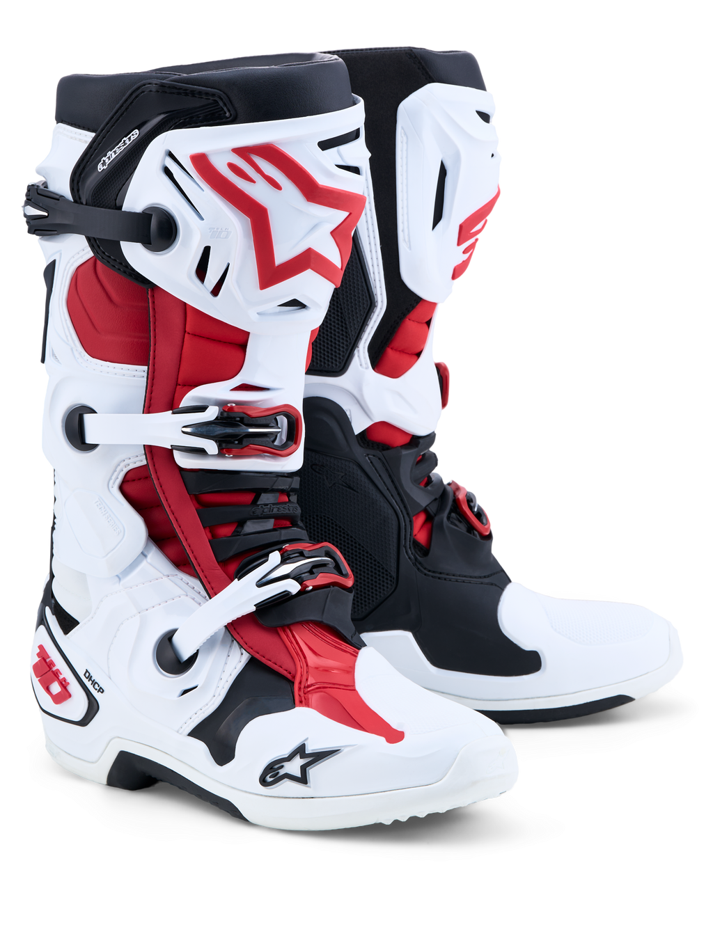 Alpinestars Tech-10, bottes de motocross blanches et rouges, certifiées CE, structure de contrôle de la flexion frontale