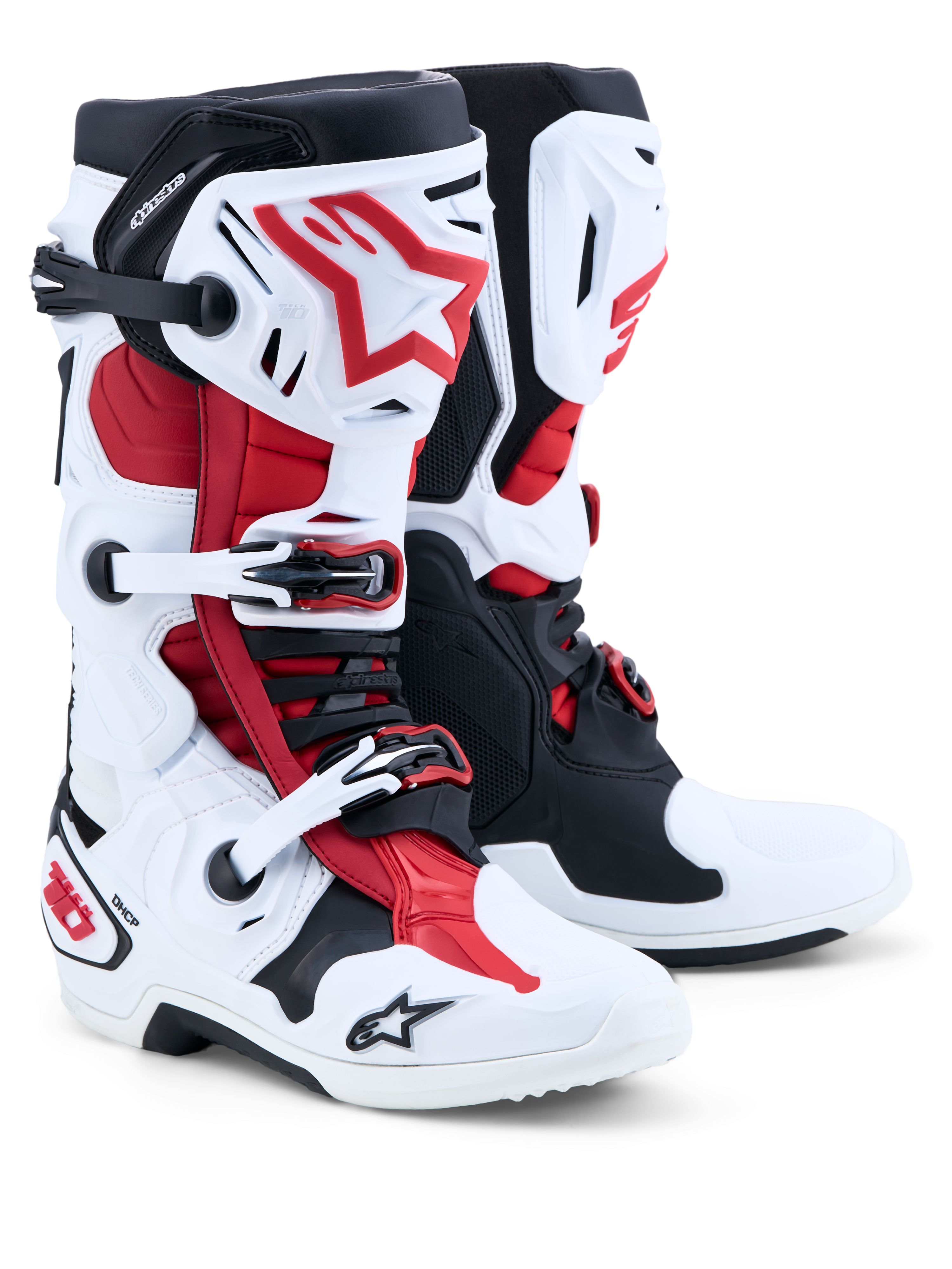 Alpinestars Tech-10, bottes de motocross blanches et rouges, certifiées CE, structure de contrôle de la flexion frontale