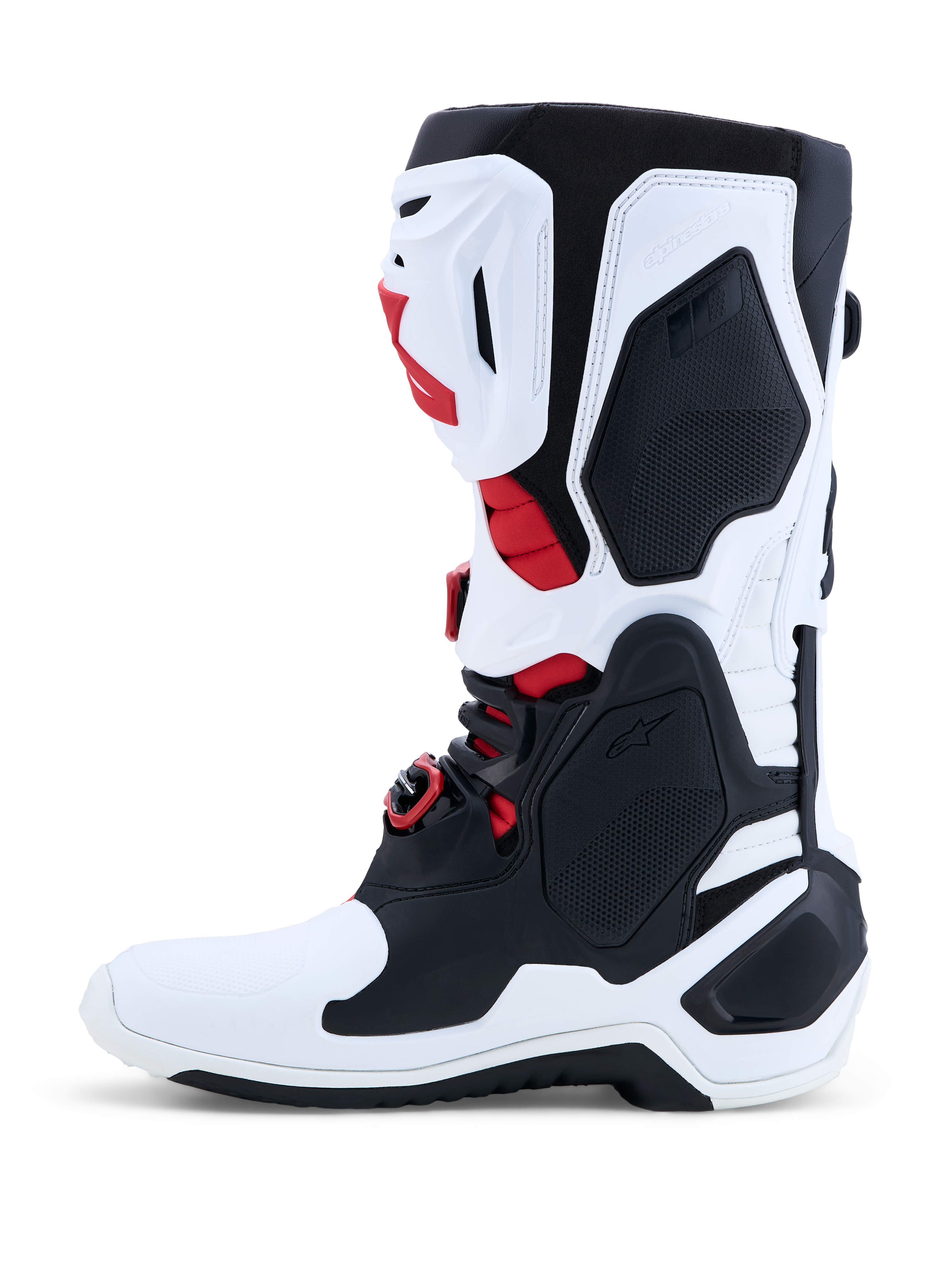 Alpinestars Tech-10, bottes de motocross, blanches, noires et rouges, coque en TPU, certifiées CE pour le tout-terrain.