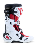Bottes Alpinestars Tech 10, bottes de motocross et tout-terrain en blanc, noir et rouge vif, vue latérale avec coque en TPU résistante, système de fermeture à boucles et Protecteur de Compression Dynamique du Talon (DHCP).