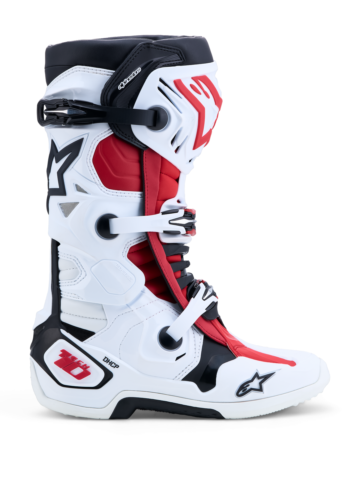 Alpinestars Tech-10 Motocross Boots in white, black, and bright red with DHCP protection and a double pivot system.