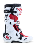 Alpinestars Tech-10 Motocross Boots in white, black, and bright red with DHCP protection and a double pivot system.