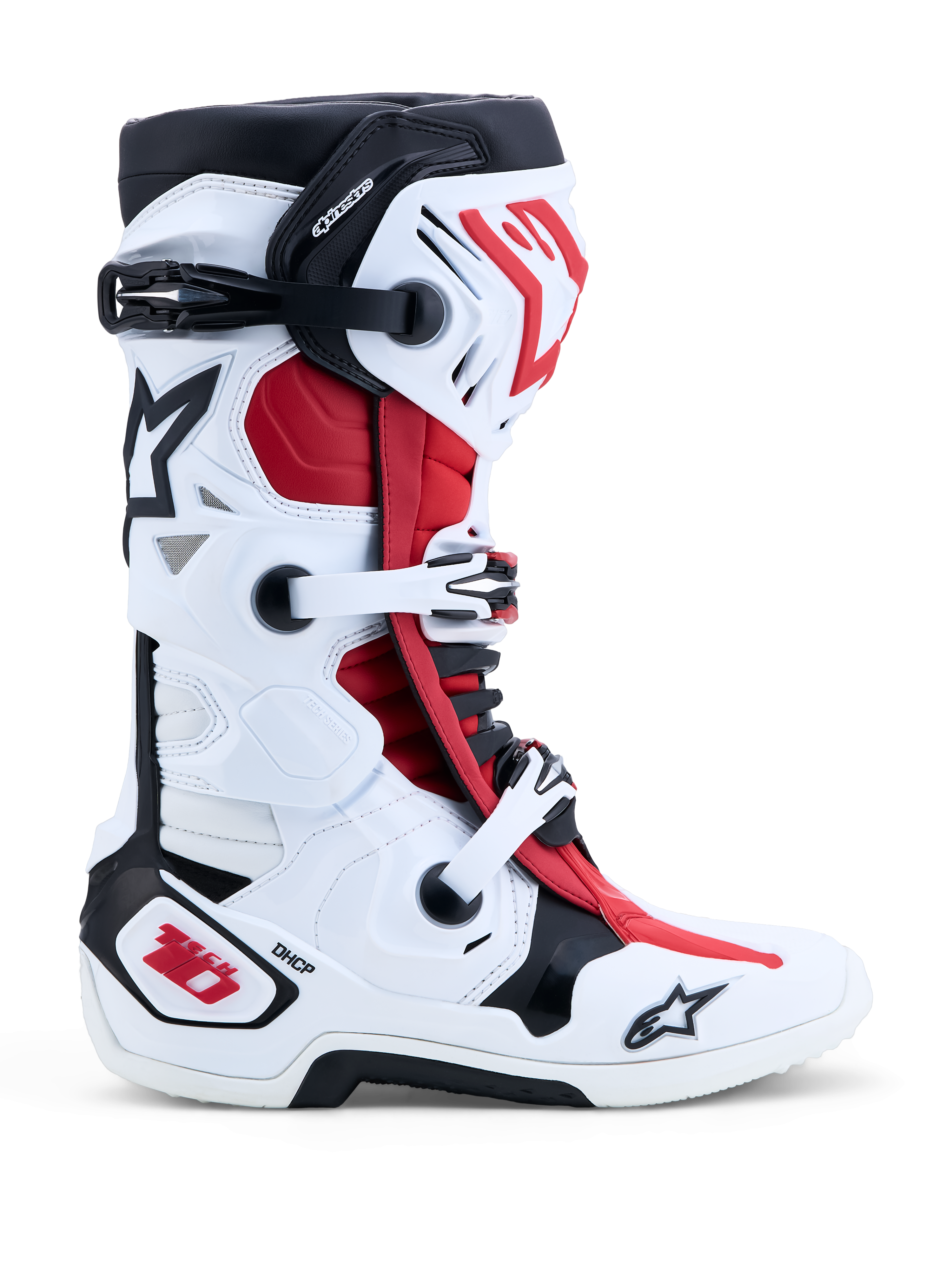 Alpinestars Tech-10, bottes de motocross, blanches, noires et rouges, avec système à double pivot et protection DHCP, certifiées CE