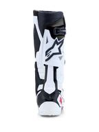 Bottes Alpinestars Tech 10, bottes de motocross et tout-terrain, blanches et noires avec détails rouges, vue arrière montrant le contrôle de flexion par lame arrière en TPU et la protection du talon.