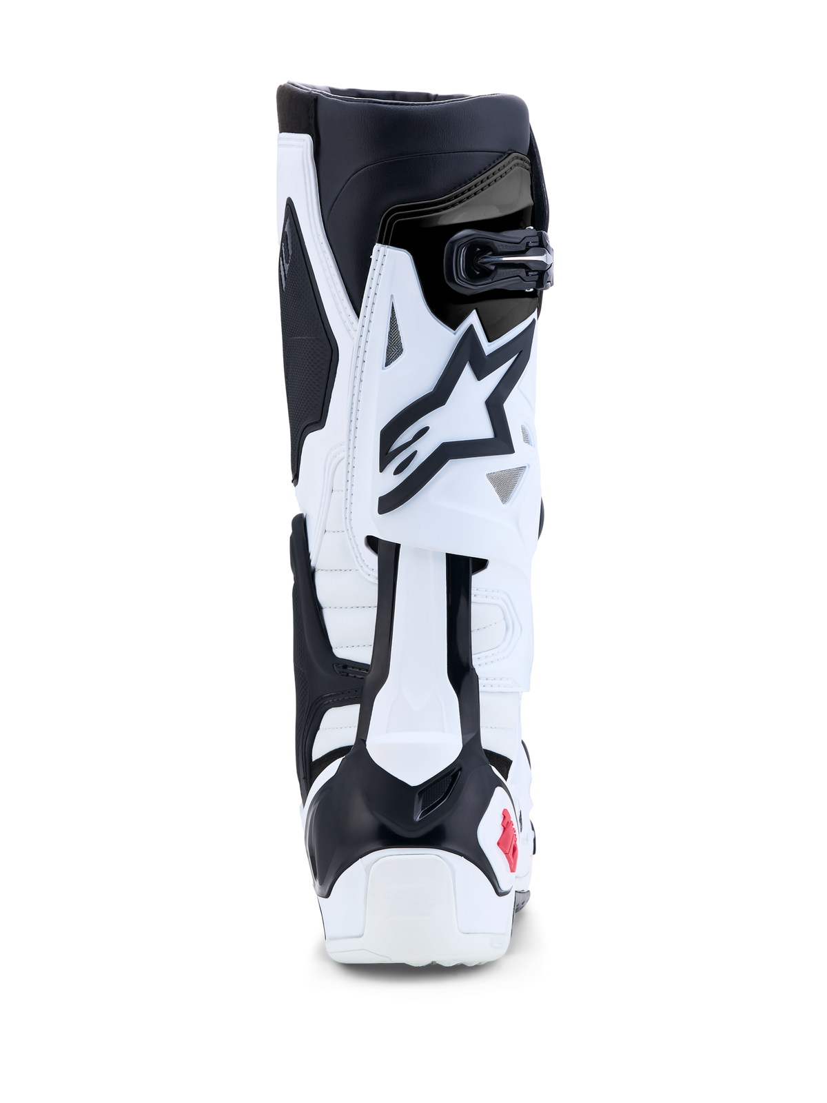 Bottes Alpinestars Tech 10, bottes de motocross et tout-terrain, blanches et noires avec détails rouges, vue arrière montrant le contrôle de flexion par lame arrière en TPU et la protection du talon.