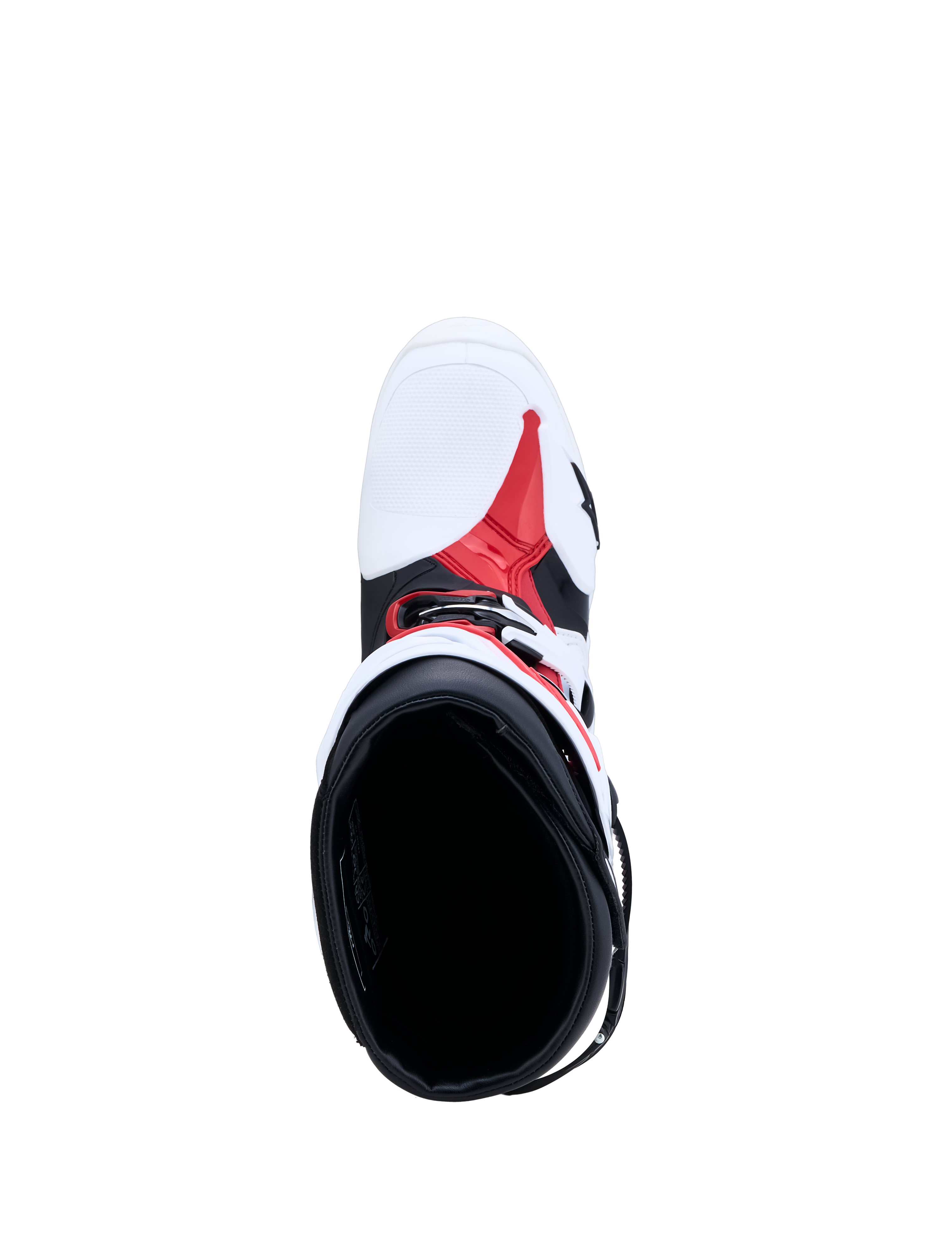 Bottes Alpinestars Tech-10, bottes de motocross blanches, noires et rouges, vue de dessus de l'intérieur et du châssis TPU