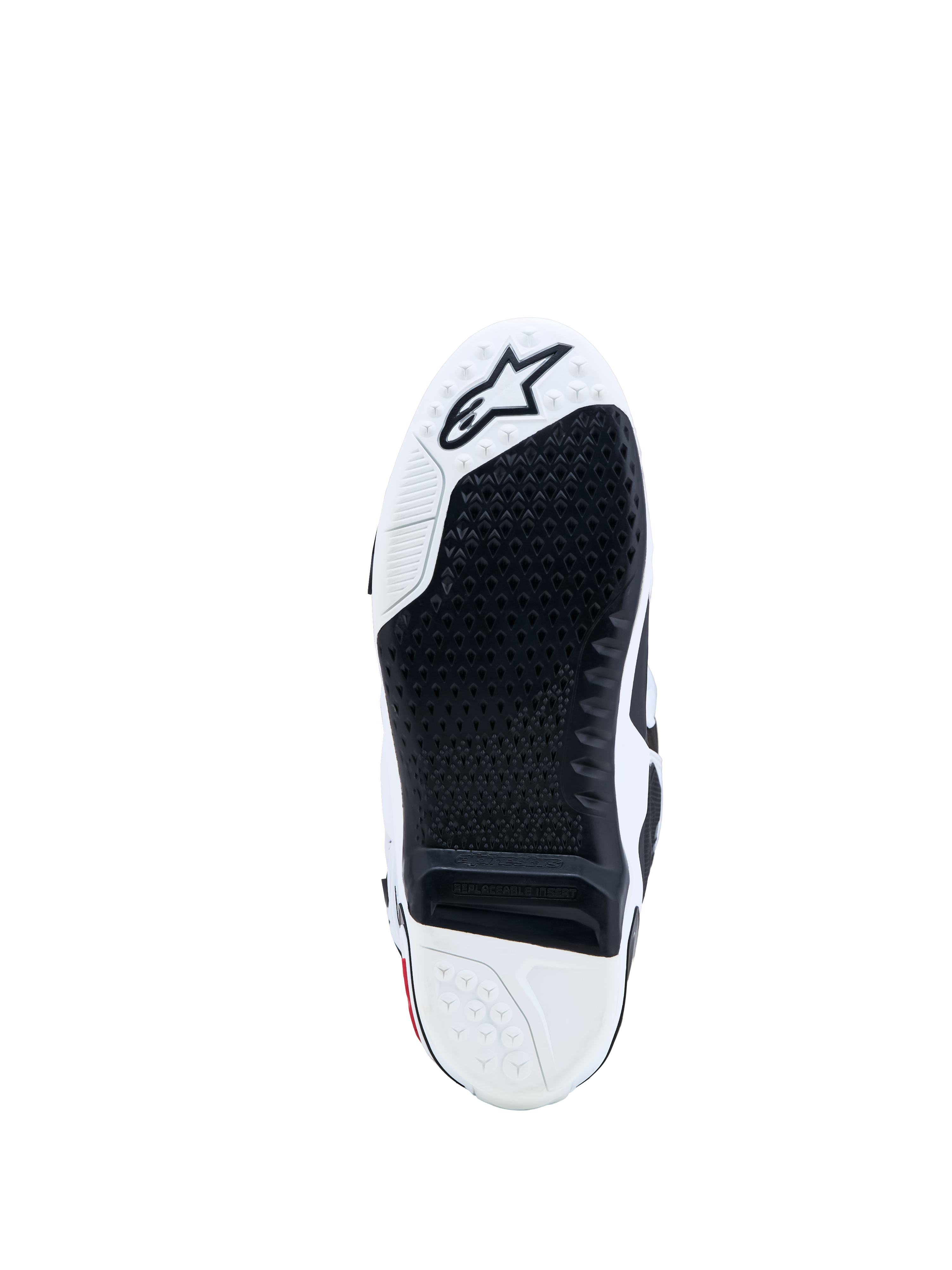 Alpinestars Tech-10, semelle de bottes de motocross noire et blanche avec insert remplaçable et logo Astars.