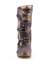 Botte de motocross Alpinestars Tech 10 Air Gold, Earth Brown Gold, protection TPU et détails dorés, vue de face technique.