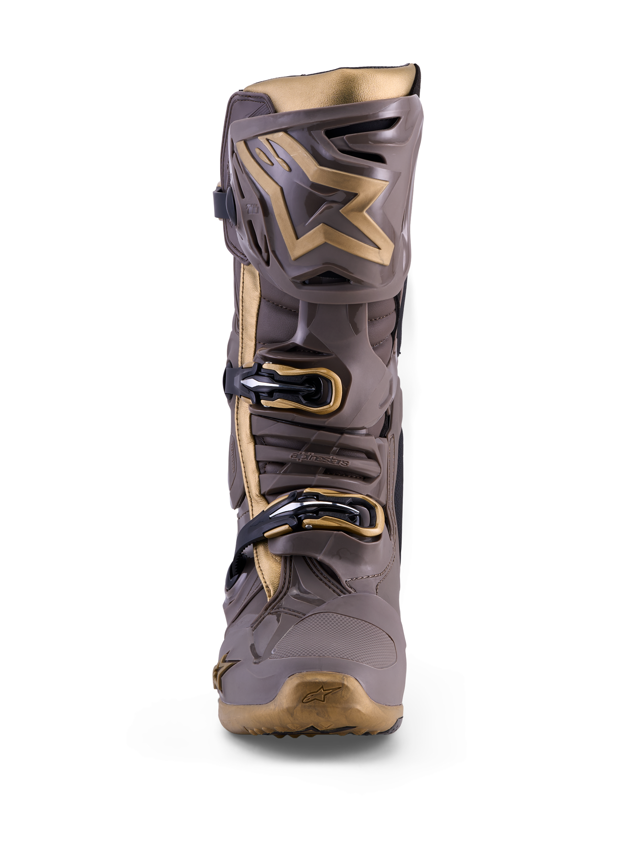 Botte de motocross Alpinestars Tech 10 Air Gold, Earth Brown Gold, protection TPU et détails dorés, vue de face technique.
