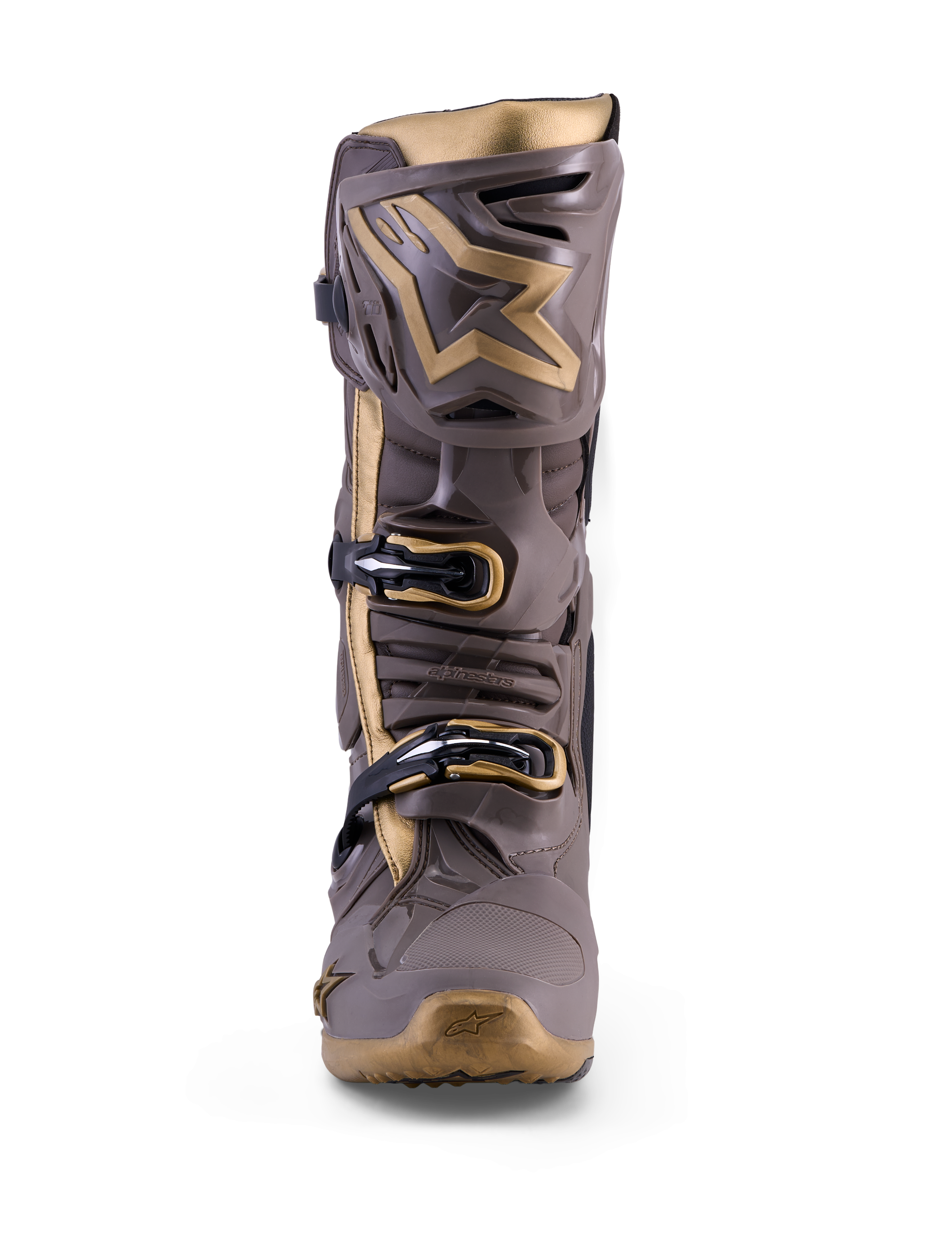 Botte de motocross Alpinestars Tech 10 Air Gold, Earth Brown Gold, protection TPU et détails dorés, vue de face technique.