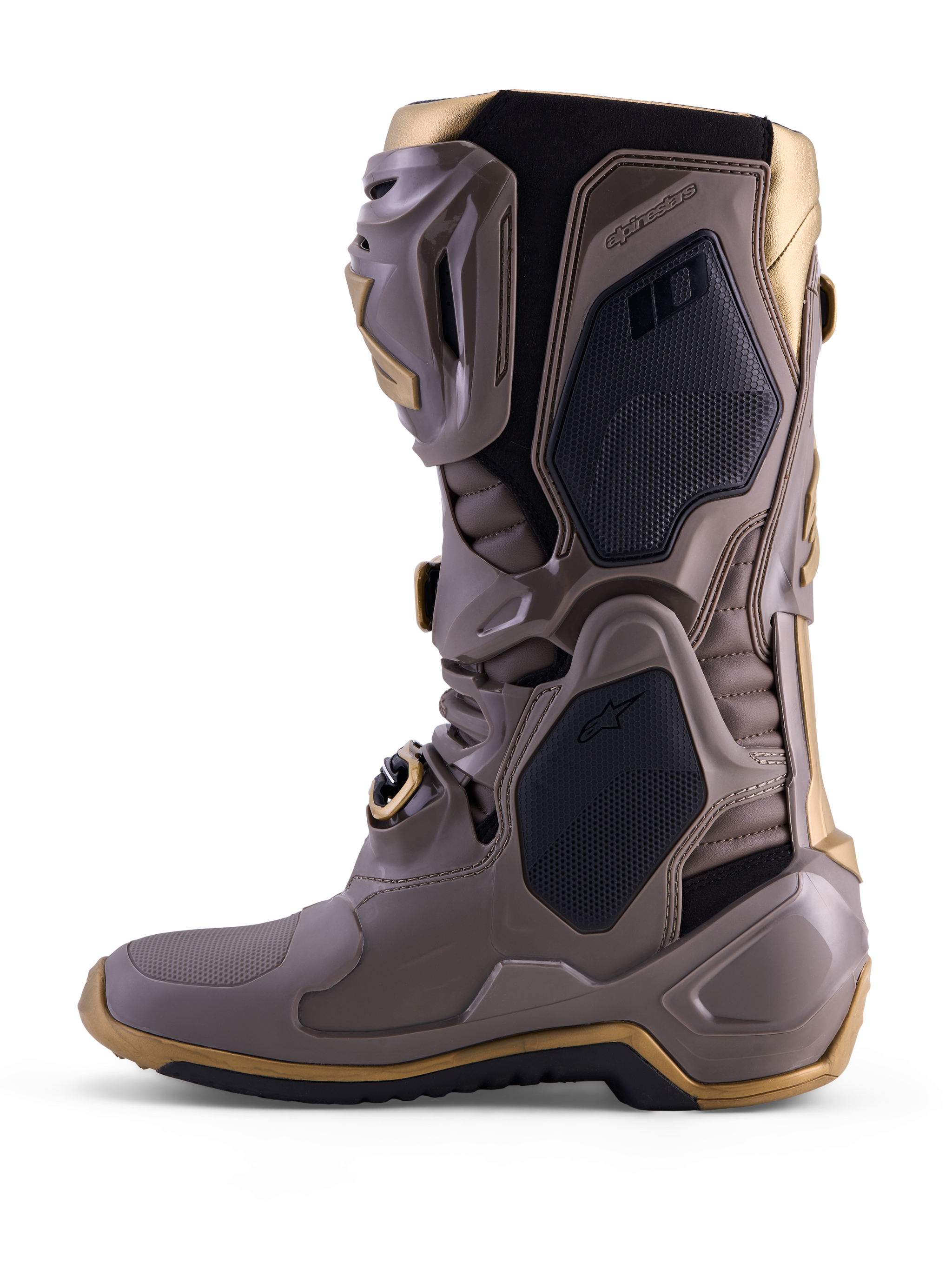 Bottes Alpinestars Tech 10 Air Gold, Earth Brown Gold, coque en TPU et accents dorés, motocross haute performance.