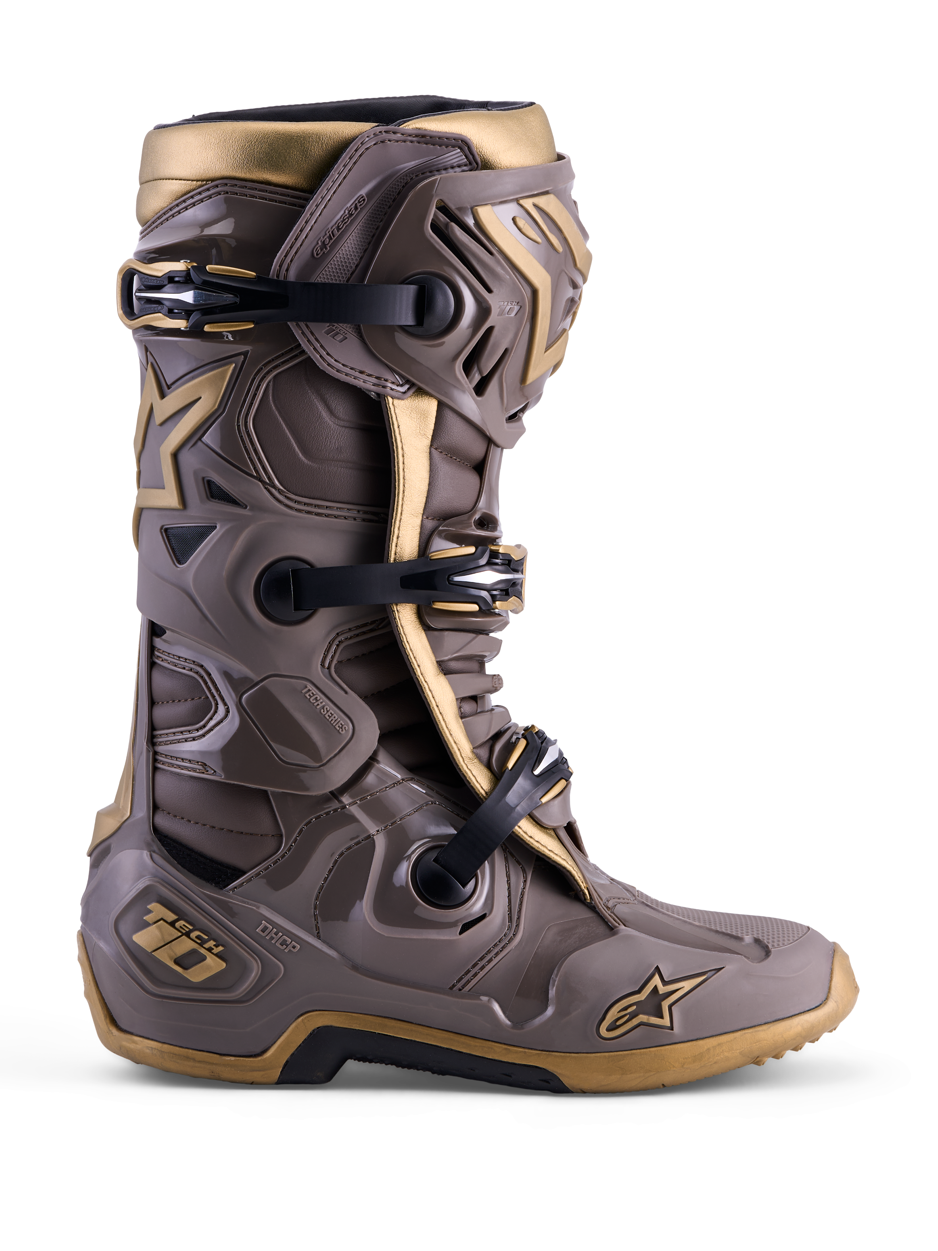 Botte Alpinestars Tech 10 Air Gold Édition Limitée, Earth Brown Gold, botte de motocross avec coque protectrice en TPU.