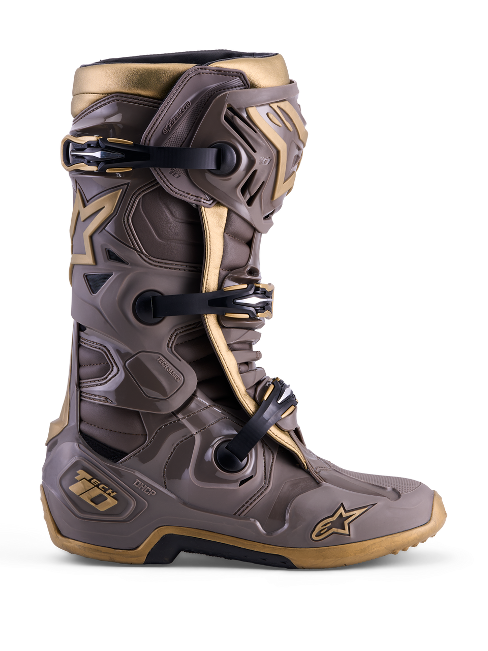 Botte Alpinestars Tech 10 Air Gold Édition Limitée, Earth Brown Gold, botte de motocross avec coque protectrice en TPU.