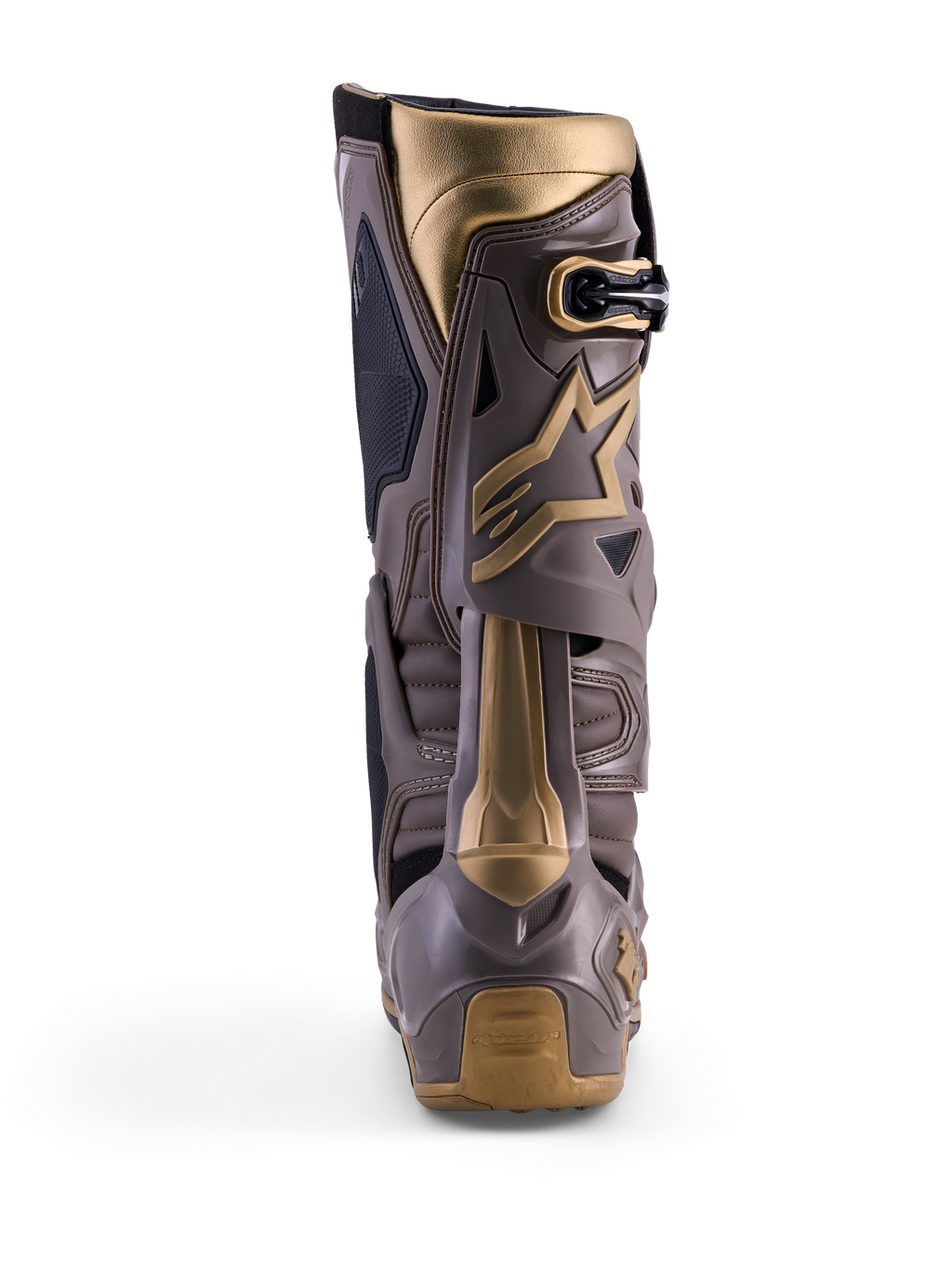 Bottes Alpinestars Tech 10 Air Gold, vue de dos, coloris Earth Brown Gold, coque en TPU et accents dorés, motocross.