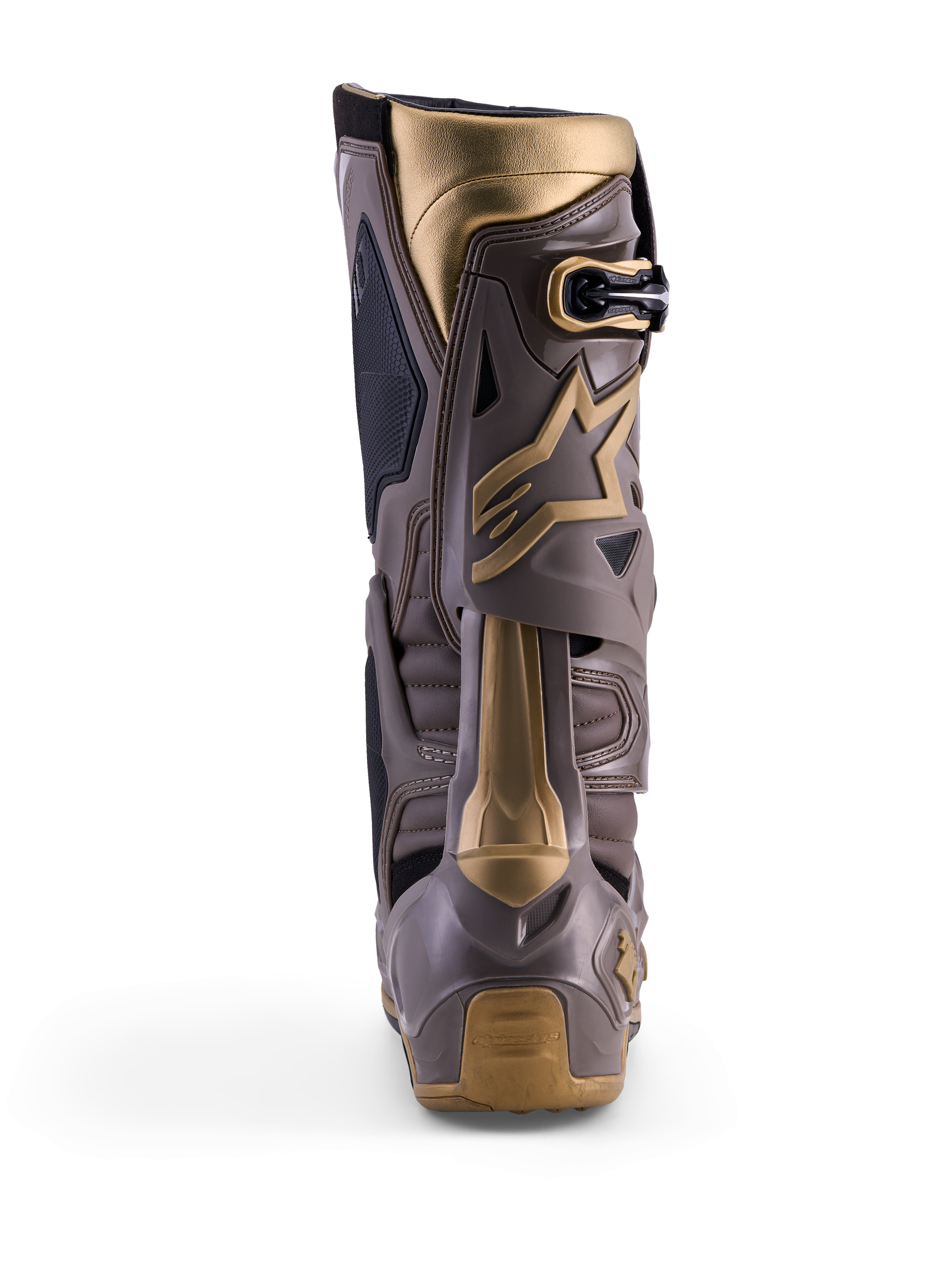 Bottes Alpinestars Tech 10 Air Gold, vue de dos, coloris Earth Brown Gold, coque en TPU et accents dorés, motocross.