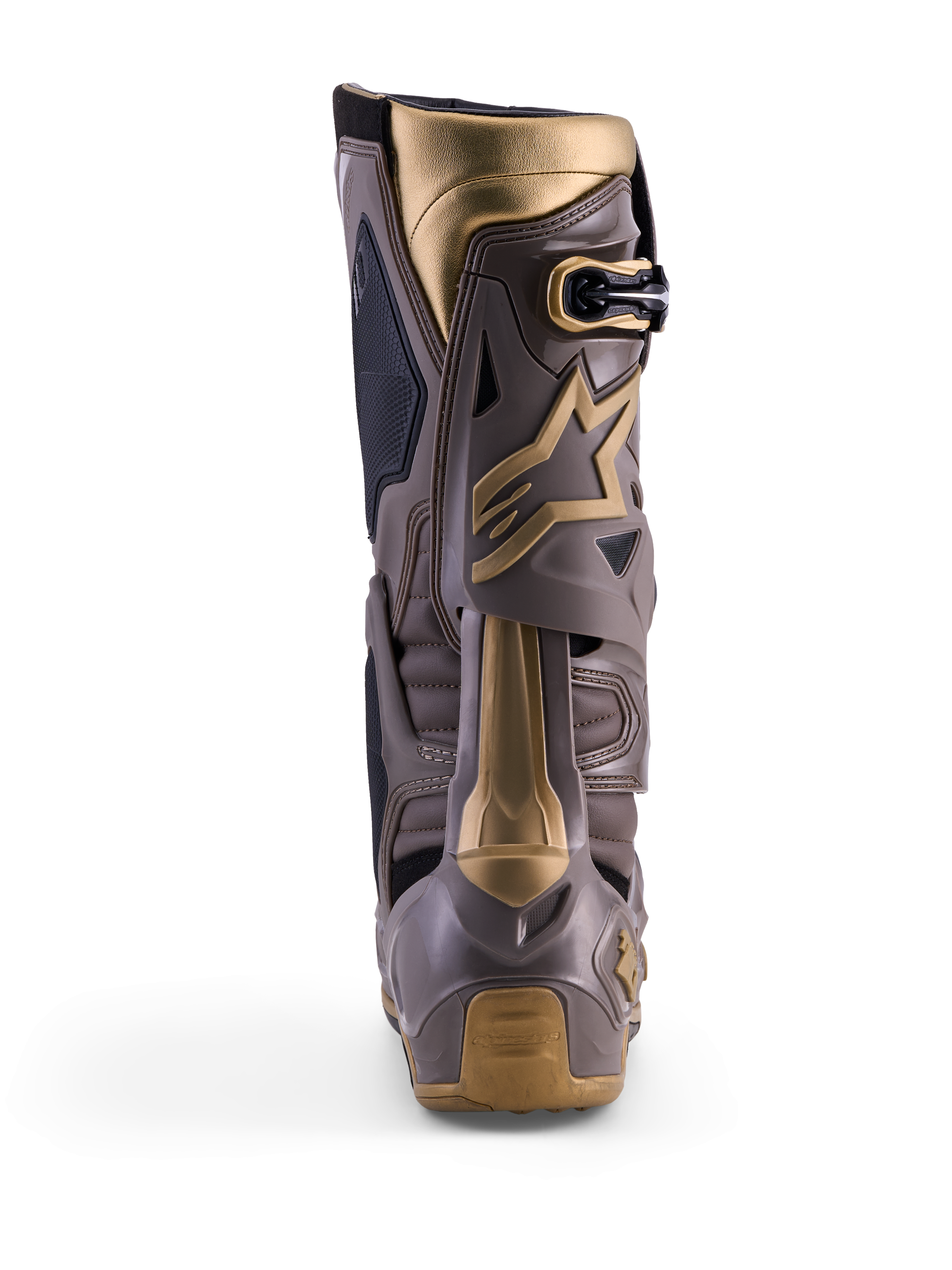 Bottes Alpinestars Tech 10 Air Gold, vue de dos, coloris Earth Brown Gold, coque en TPU et accents dorés, motocross.