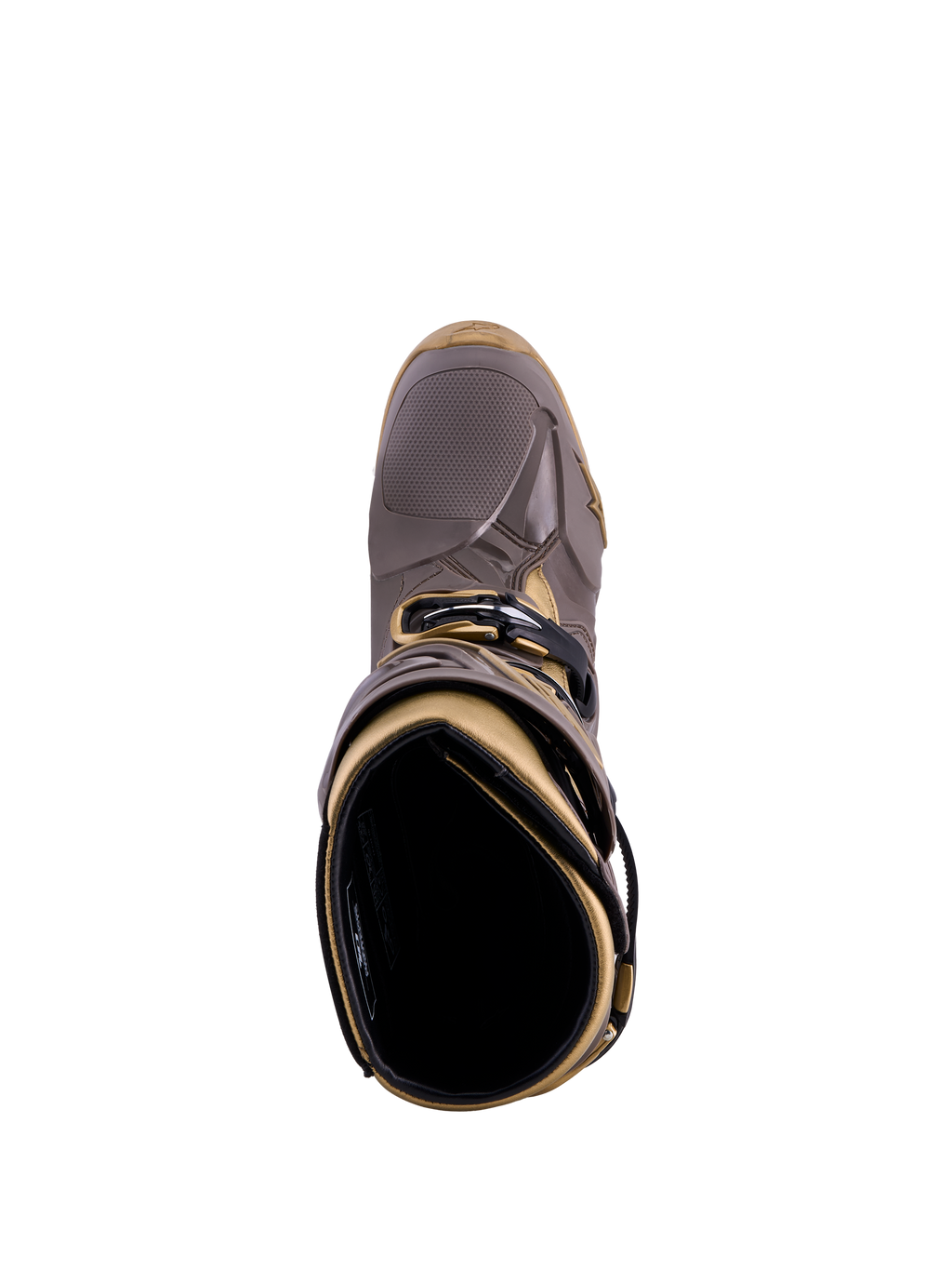 Bottes Alpinestars Tech 10 Air Gold Earth Brown Gold, vue de dessus montrant la coque TPU et la doublure intérieure.
