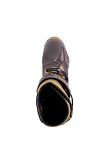 Bottes Alpinestars Tech 10 Air Gold Earth Brown Gold, vue de dessus montrant la coque TPU et la doublure intérieure.