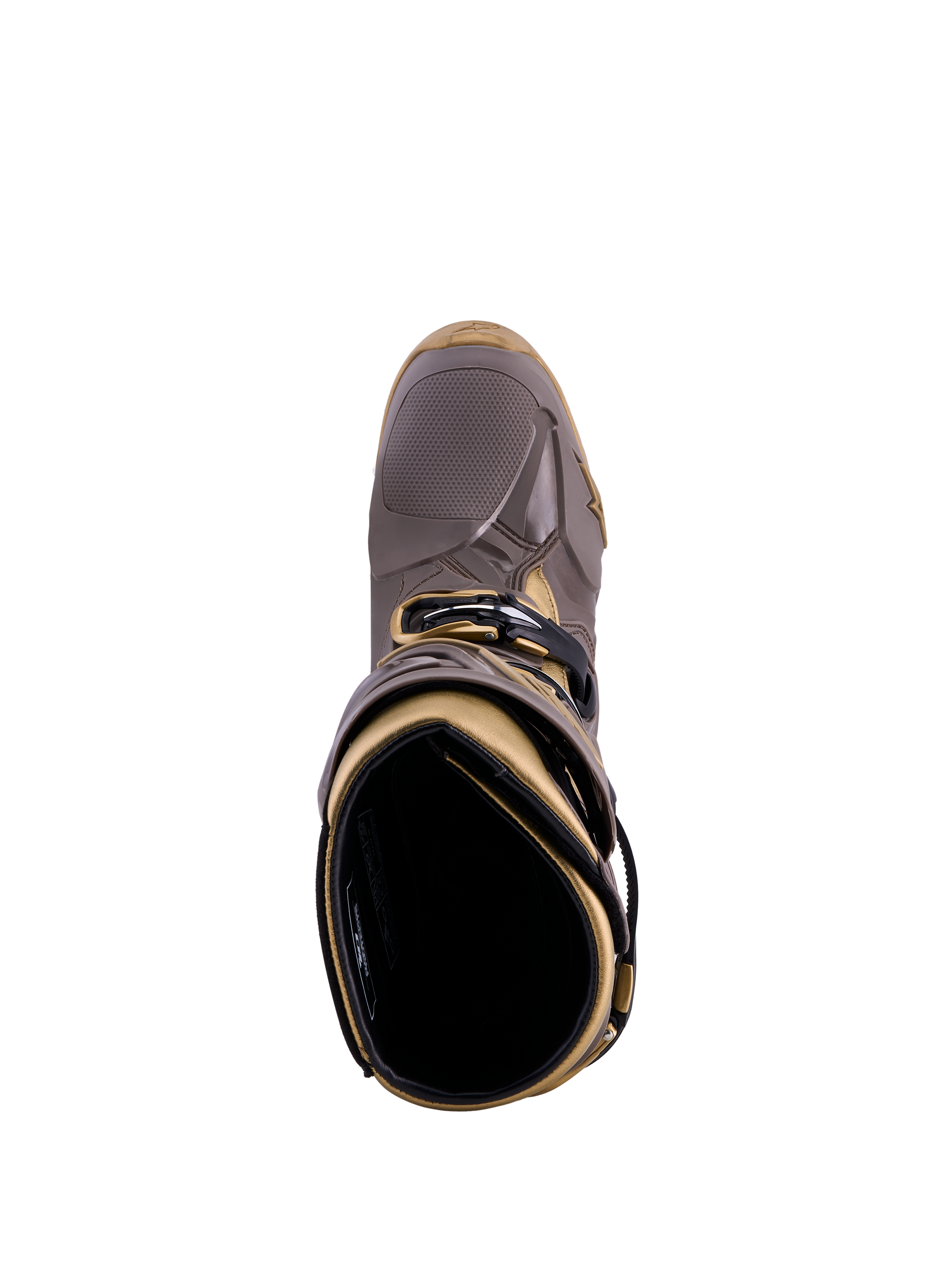 Bottes Alpinestars Tech 10 Air Gold Earth Brown Gold, vue de dessus montrant la coque TPU et la doublure intérieure.