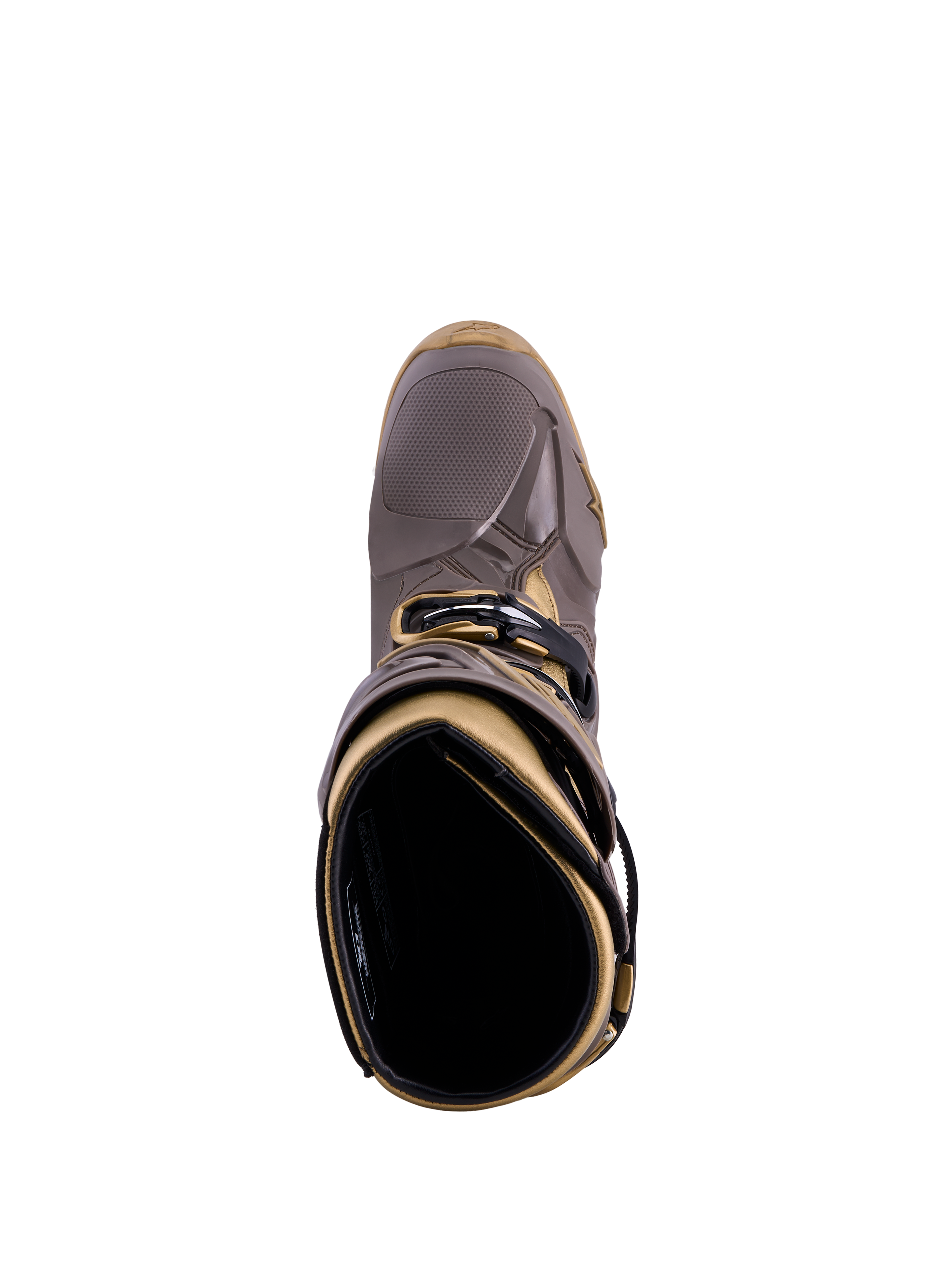 Bottes Alpinestars Tech 10 Air Gold Earth Brown Gold, vue de dessus montrant la coque TPU et la doublure intérieure.